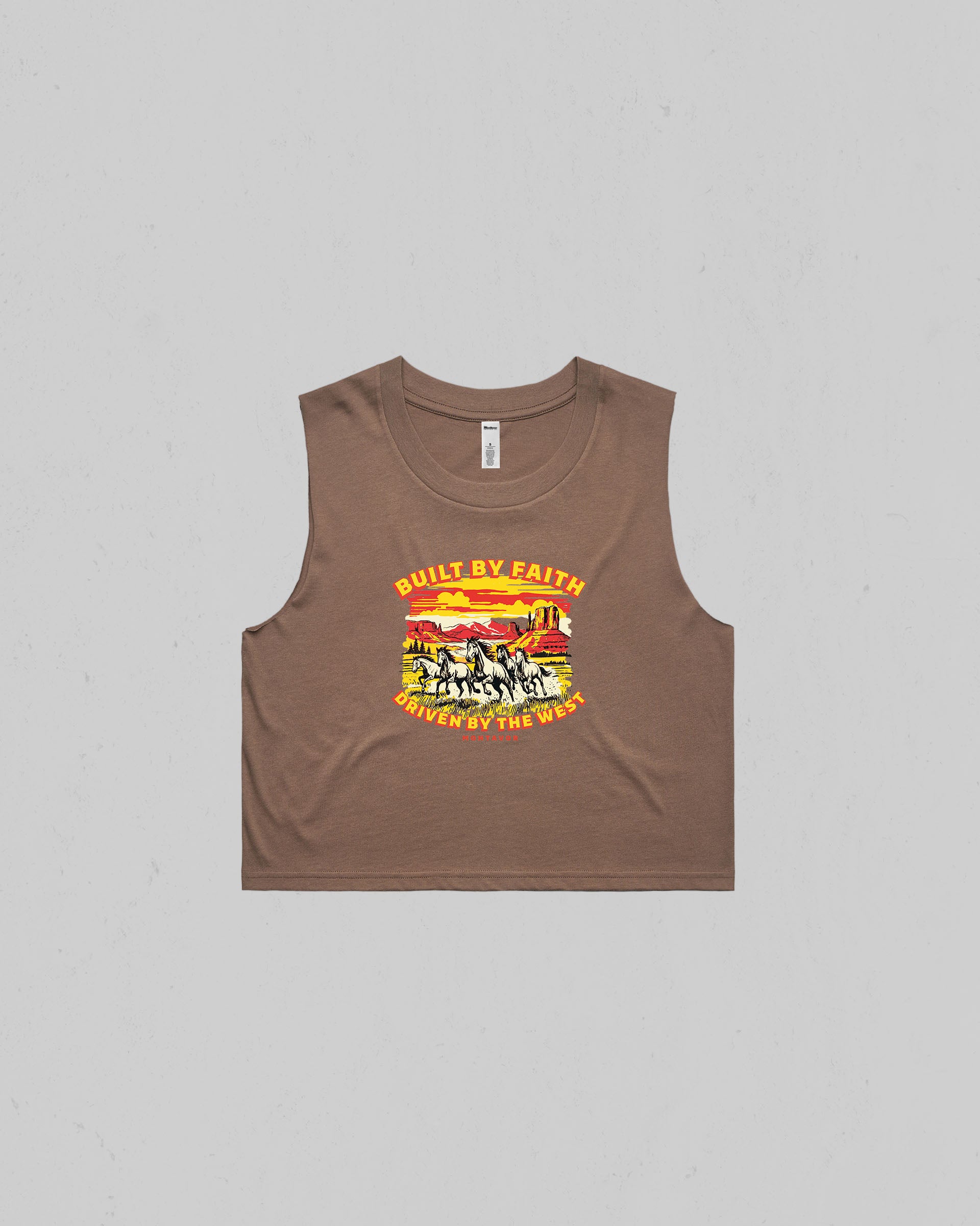 Brown Women’s “Built By Faith, Driven By The West” crop tank top featuring a vintage western horse and desert graphic by Montavor.