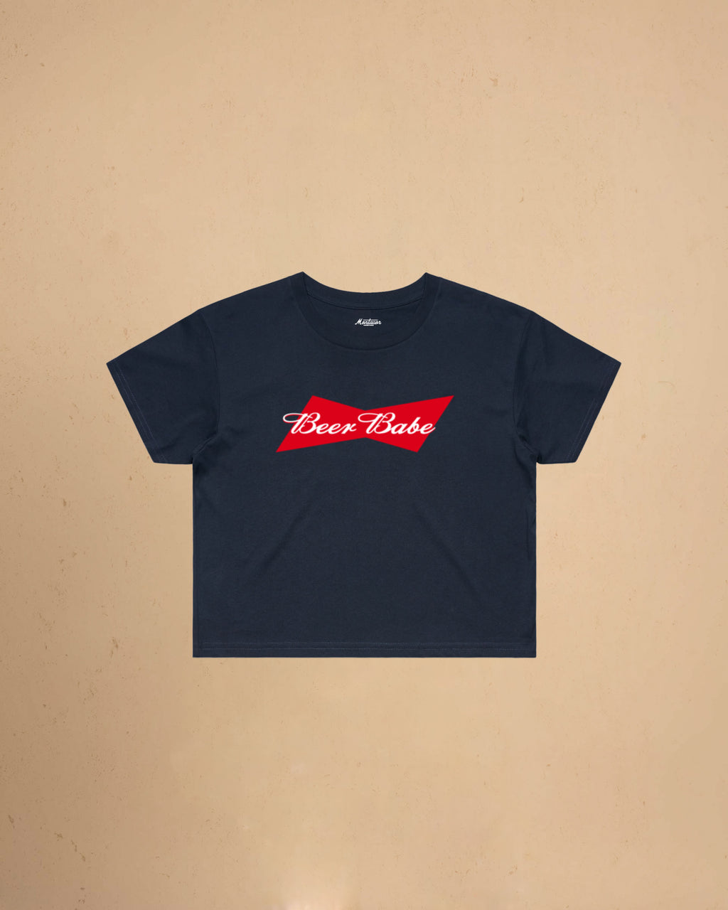 Women’s Beer Babe crop t-shirt featuring a bold beer-inspired graphic design on a relaxed-fit cropped cotton tee.