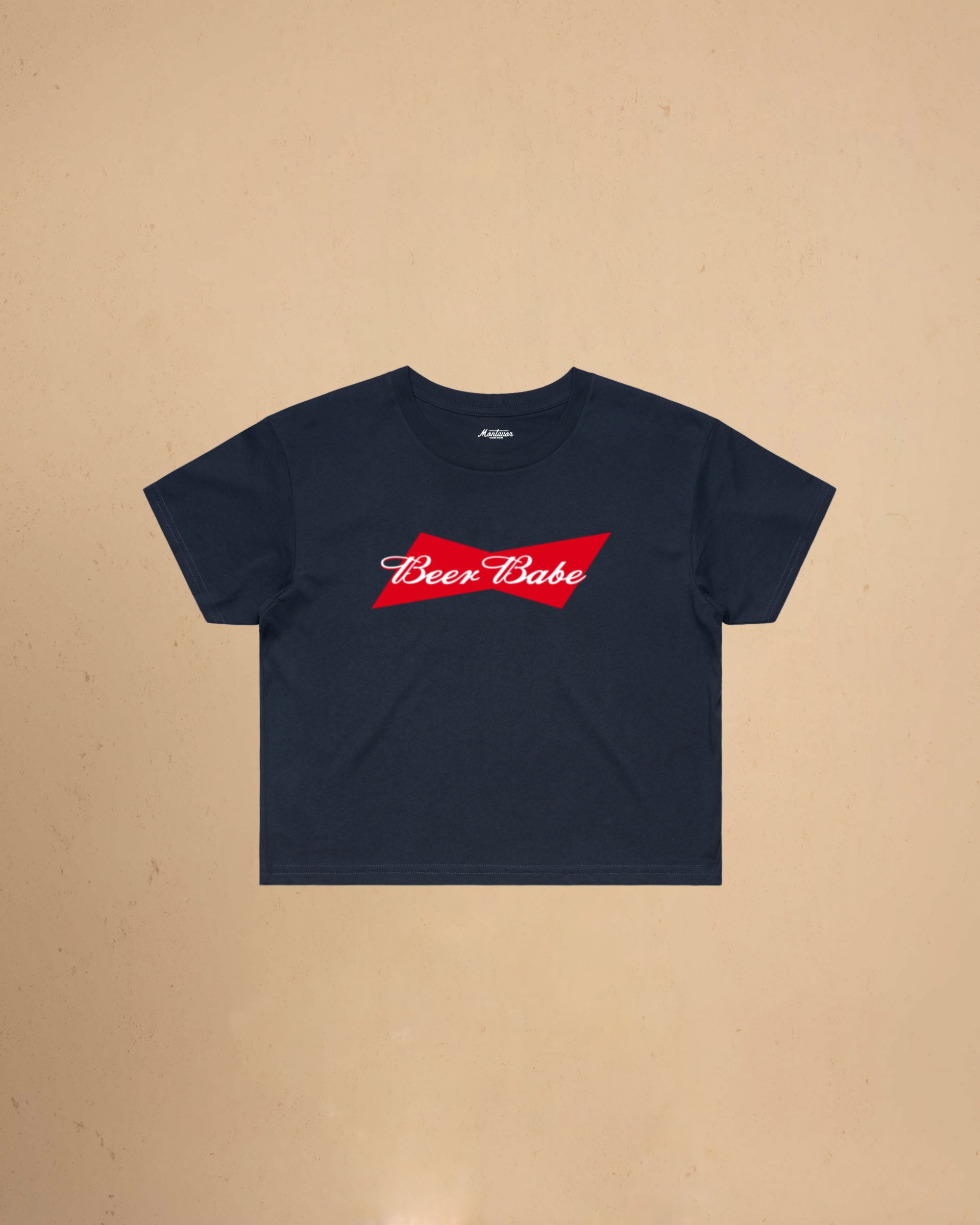 Women’s Beer Babe crop t-shirt featuring a bold beer-inspired graphic design on a relaxed-fit cropped cotton tee.