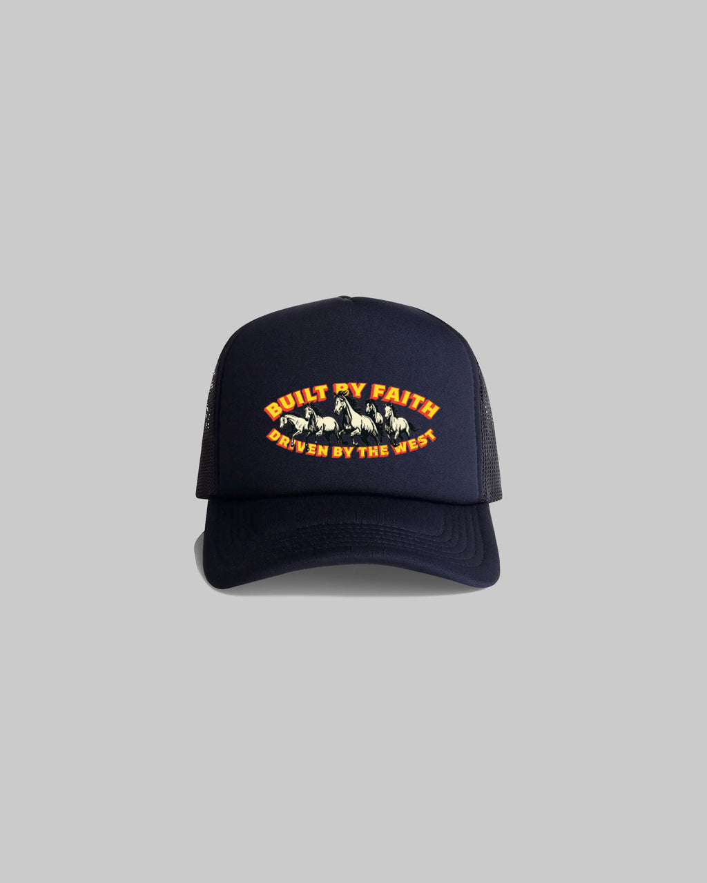 Navy Built By Faith western trucker cap featuring a vintage horse graphic and curved peak.