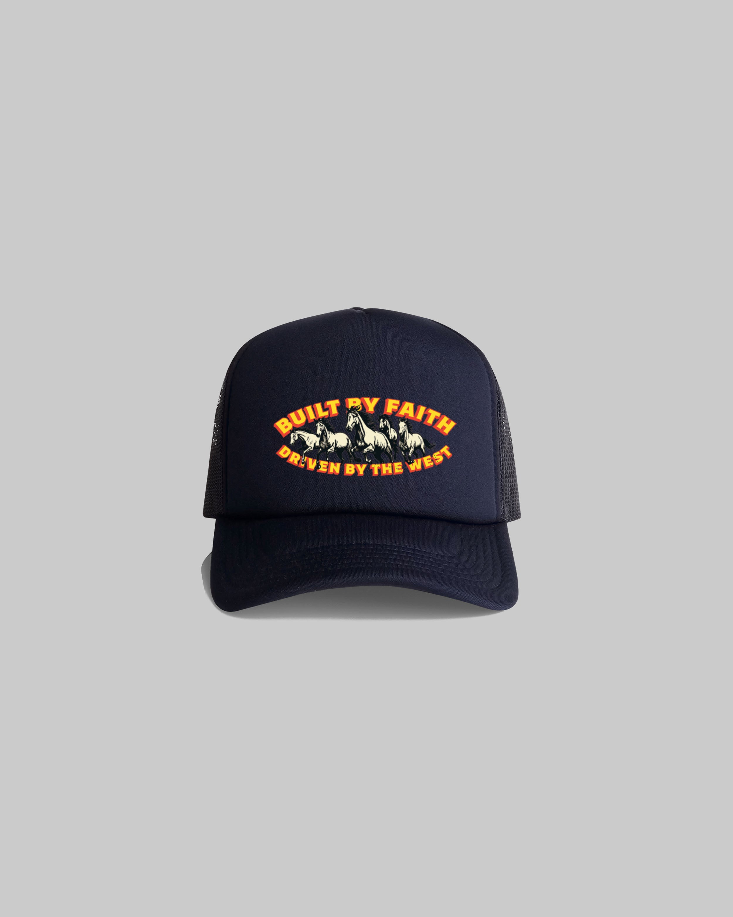 Navy Built By Faith western trucker cap featuring a vintage horse graphic and curved peak.