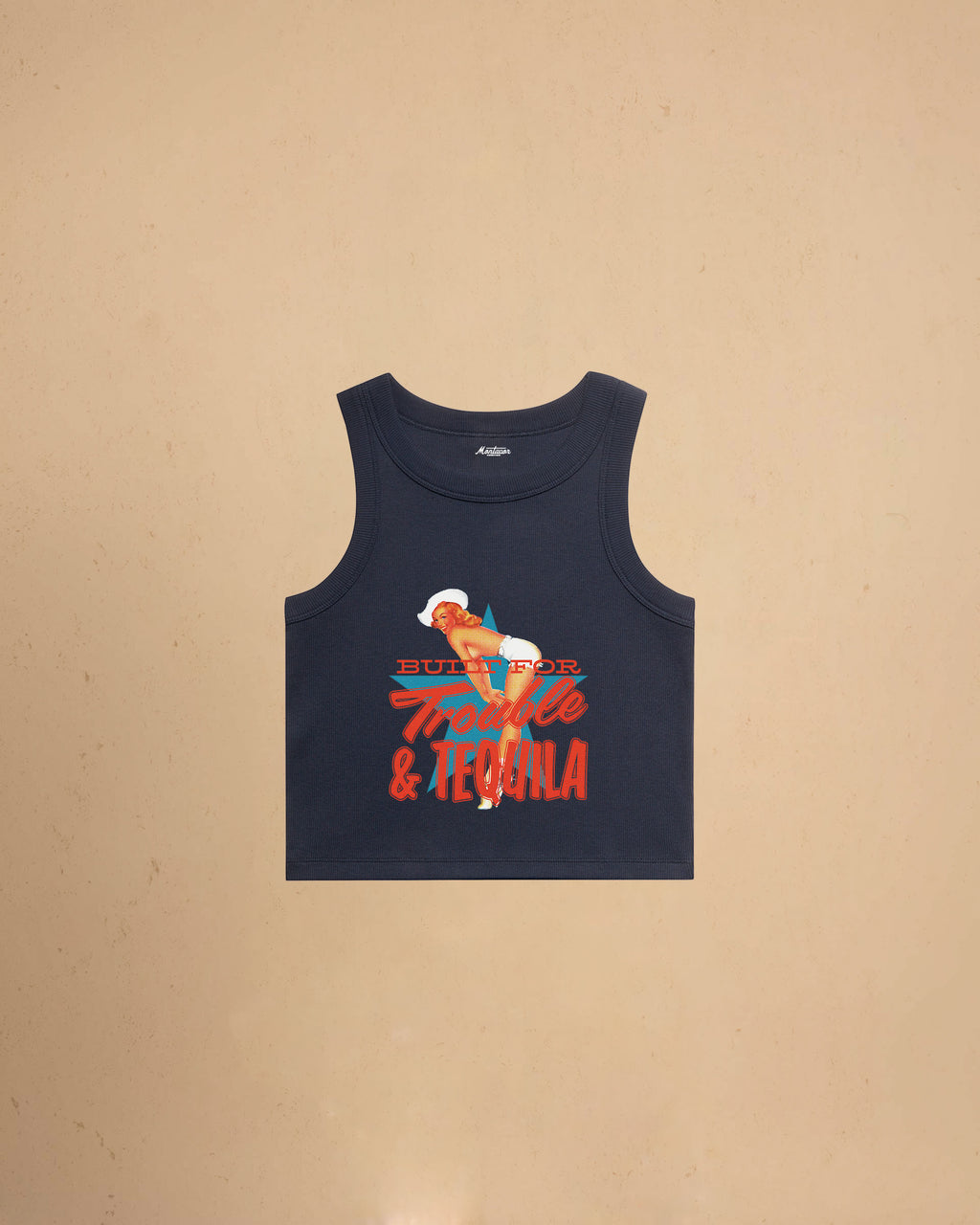 Navy Women’s Built For Trouble cropped tank top featuring a vintage-inspired Western graphic print on a premium ribbed crop tank.