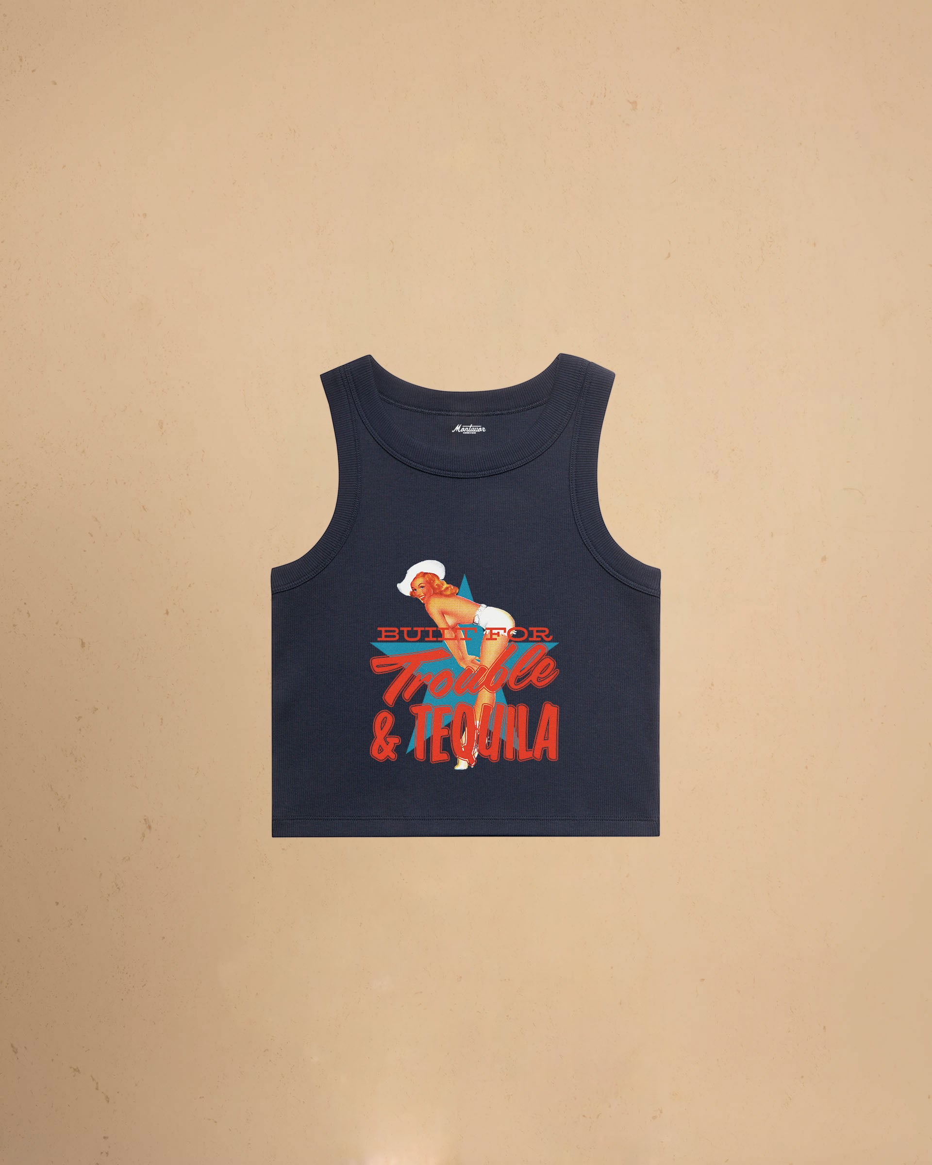 Navy Women’s Built For Trouble cropped tank top featuring a vintage-inspired Western graphic print on a premium ribbed crop tank.