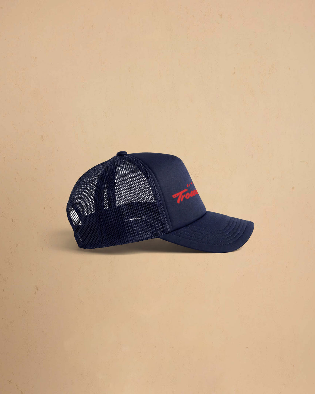 Built For Trouble trucker cap featuring a bold Western-inspired graphic on a high-profile foam-front snapback cap with breathable mesh backing.