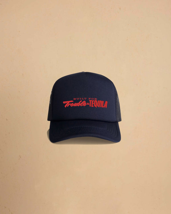 Built For Trouble trucker cap featuring a bold Western-inspired graphic on a high-profile foam-front snapback cap with breathable mesh backing.