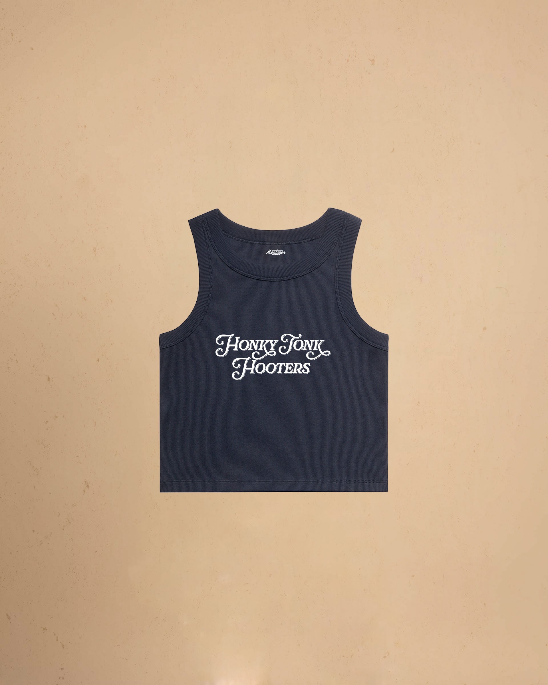 Women’s Honky Tonk Hooters organic crop tank top featuring vintage western typography, premium ribbed construction, and a flattering slim cropped fit.