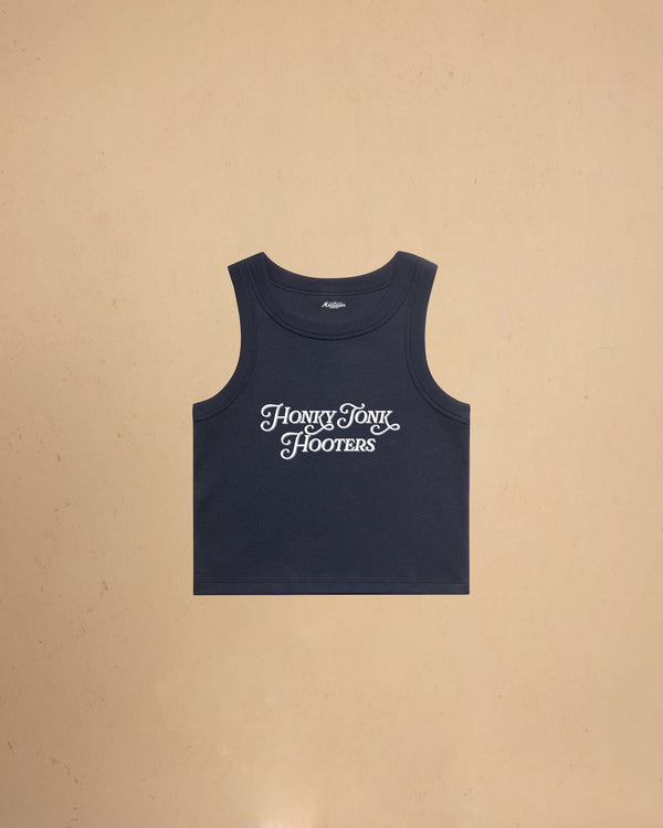Women’s Honky Tonk Hooters organic crop tank top featuring vintage western typography, premium ribbed construction, and a flattering slim cropped fit.