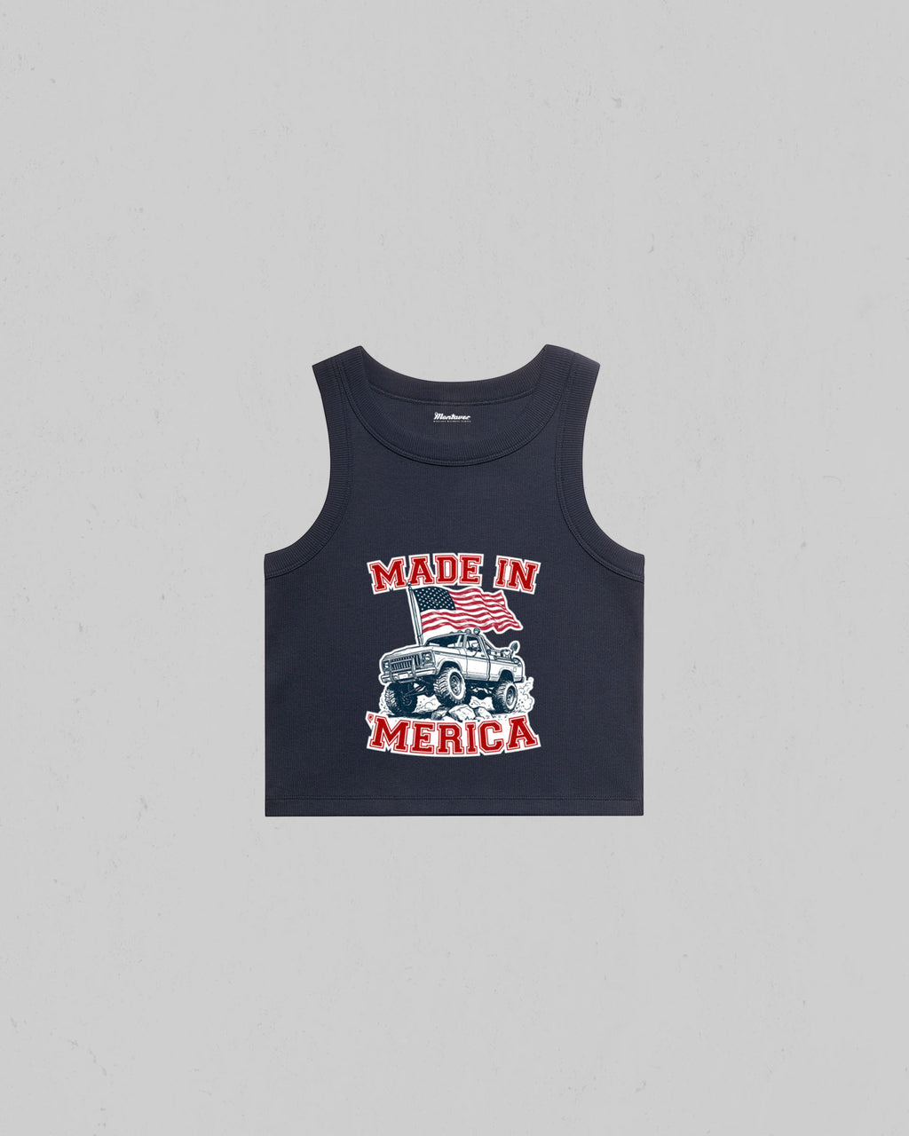 Navy Colored Made in Merica organic crop tank top with American flag and off-road pickup truck graphic