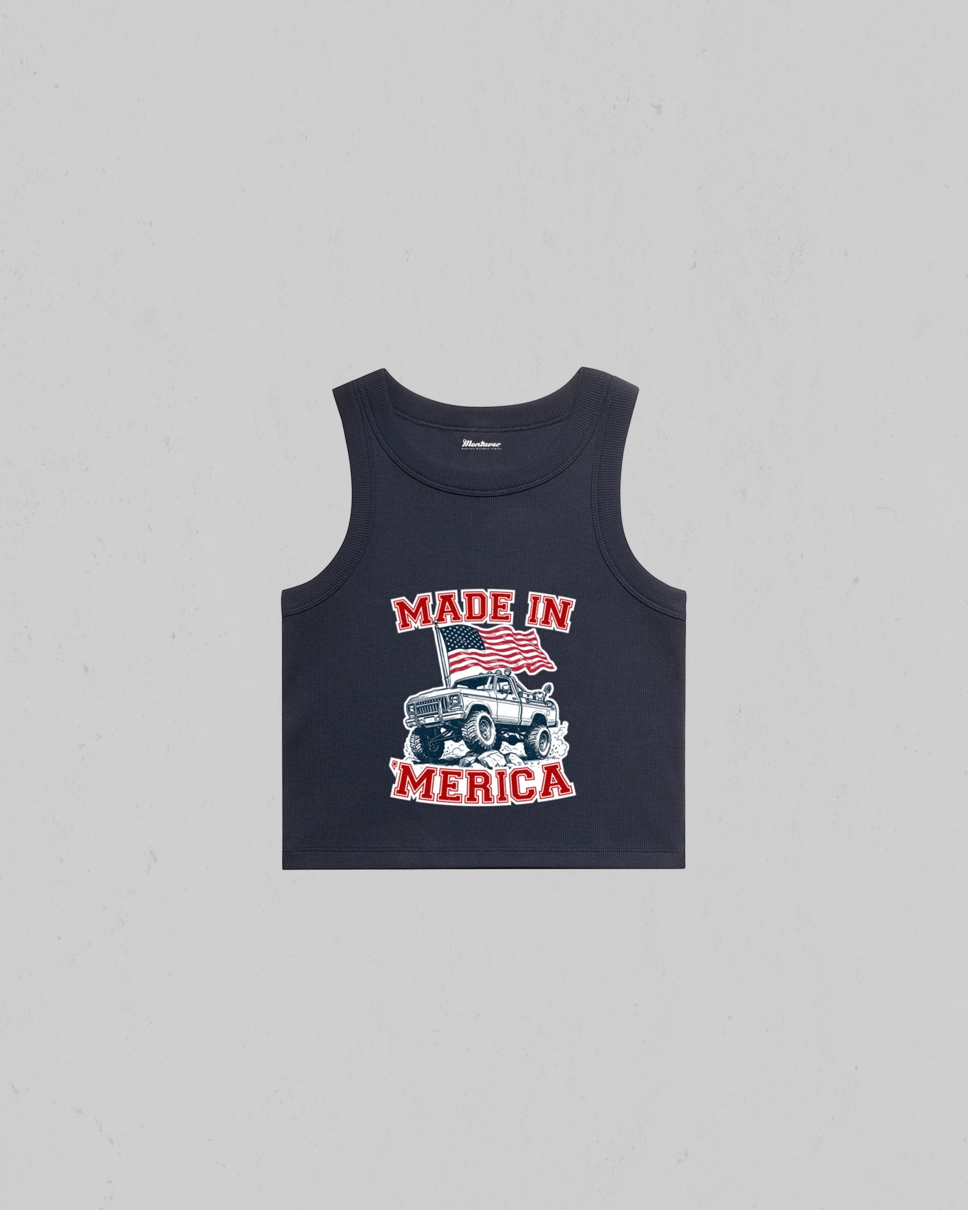 Navy Colored Made in Merica organic crop tank top with American flag and off-road pickup truck graphic