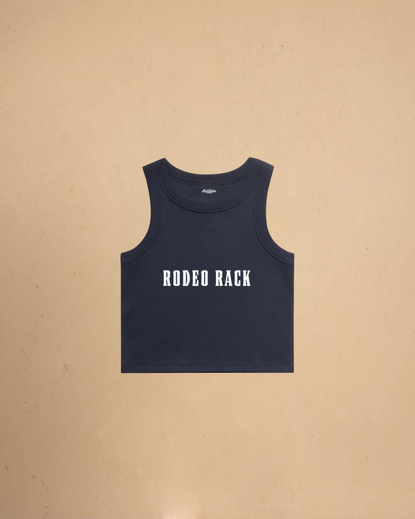 Rodeo Rack organic crop tank top by Montavor featuring bold western typography on a premium ribbed cropped tank.