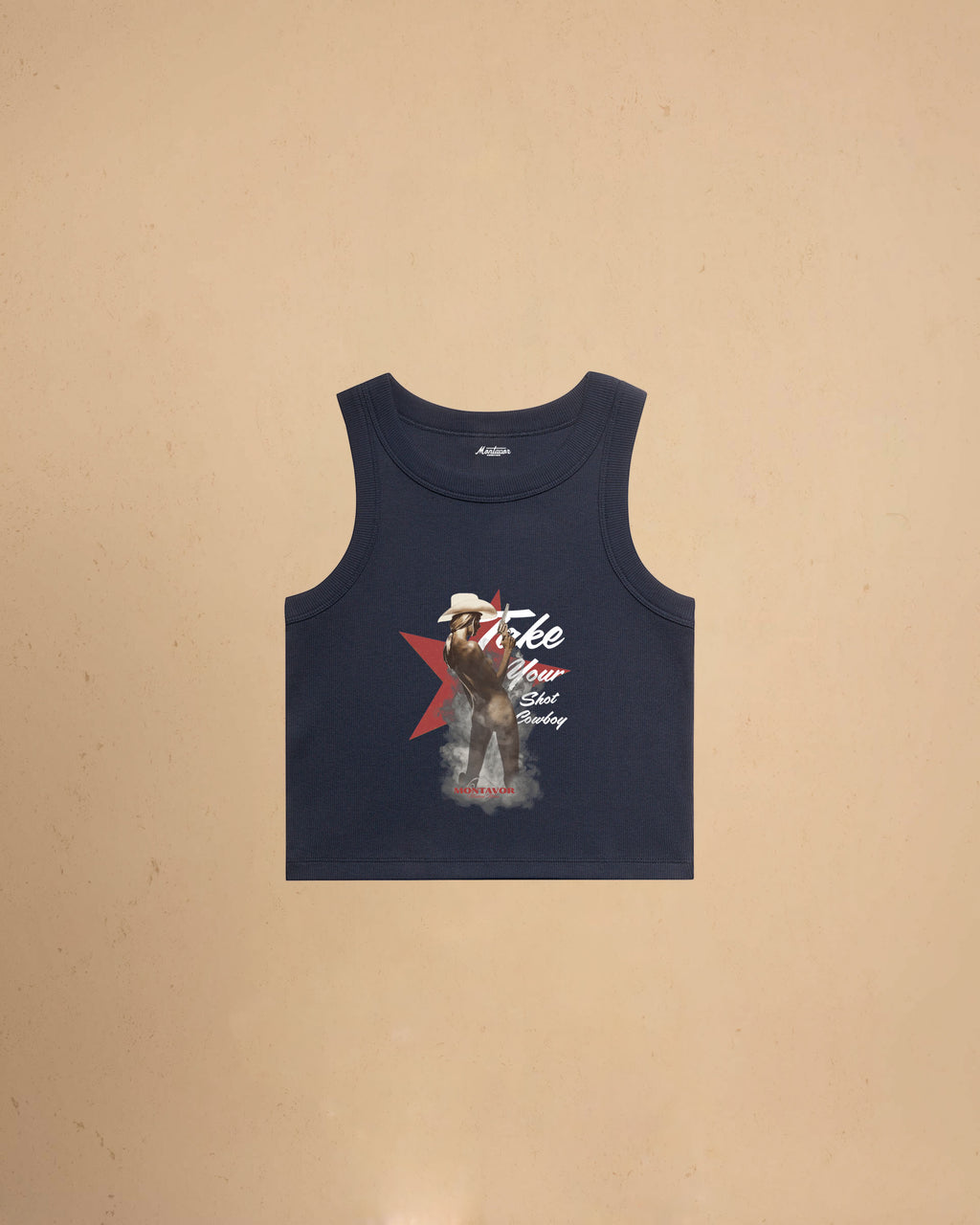 Take Your Shot Cowboy organic rib crop tank featuring a western cowgirl graphic with smoke effects and vintage western styling.