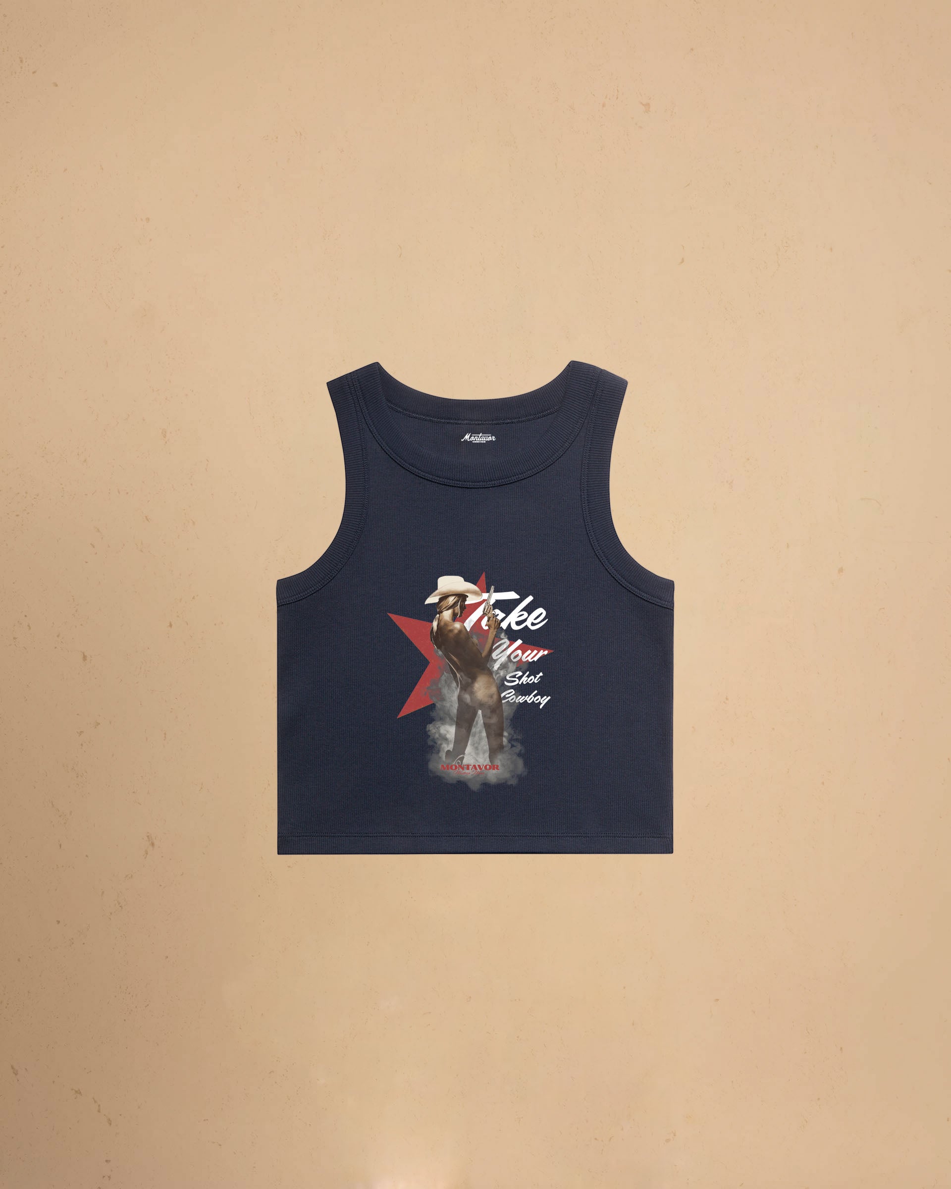 Take Your Shot Cowboy organic rib crop tank featuring a western cowgirl graphic with smoke effects and vintage western styling.