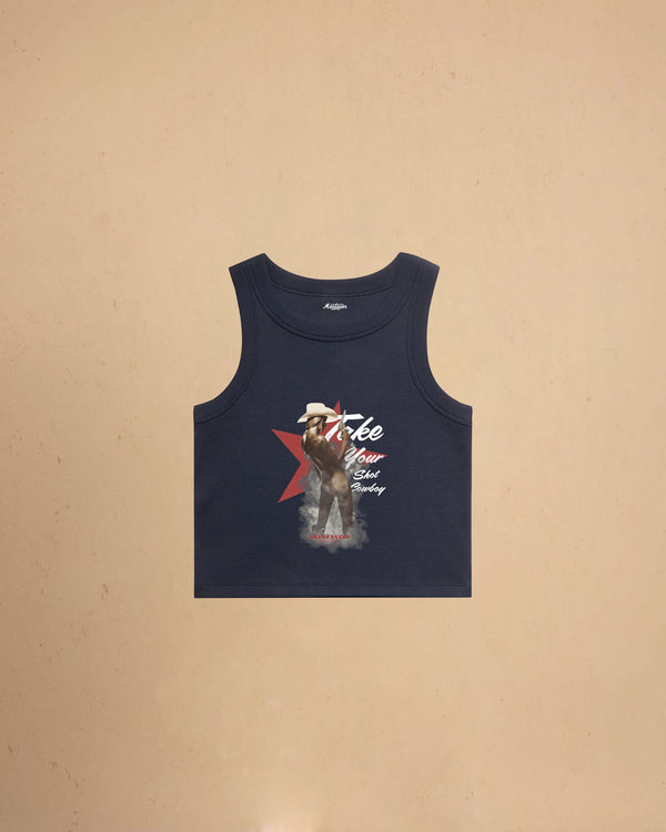 Take Your Shot Cowboy organic rib crop tank featuring a western cowgirl graphic with smoke effects and vintage western styling.