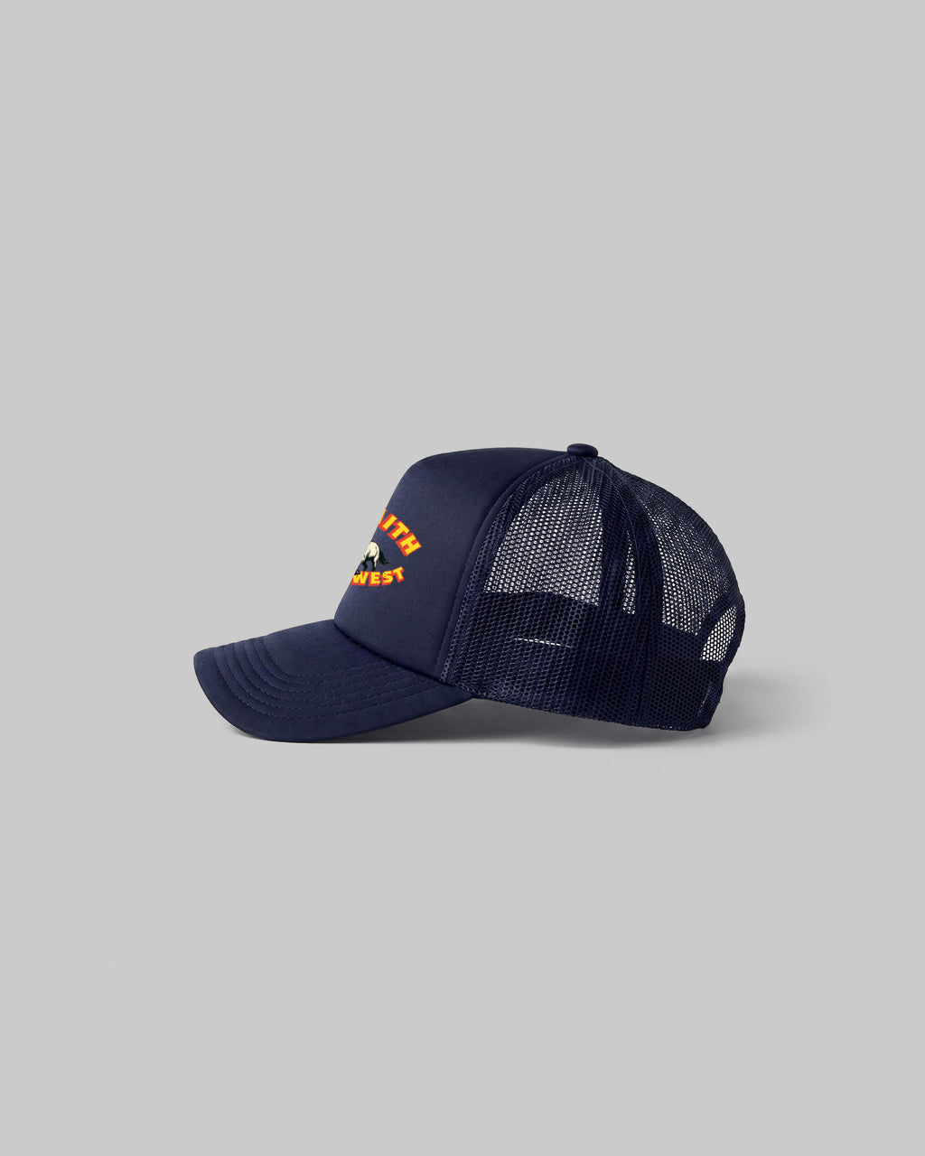 Navy Built By Faith western trucker cap featuring a vintage horse graphic and curved peak.