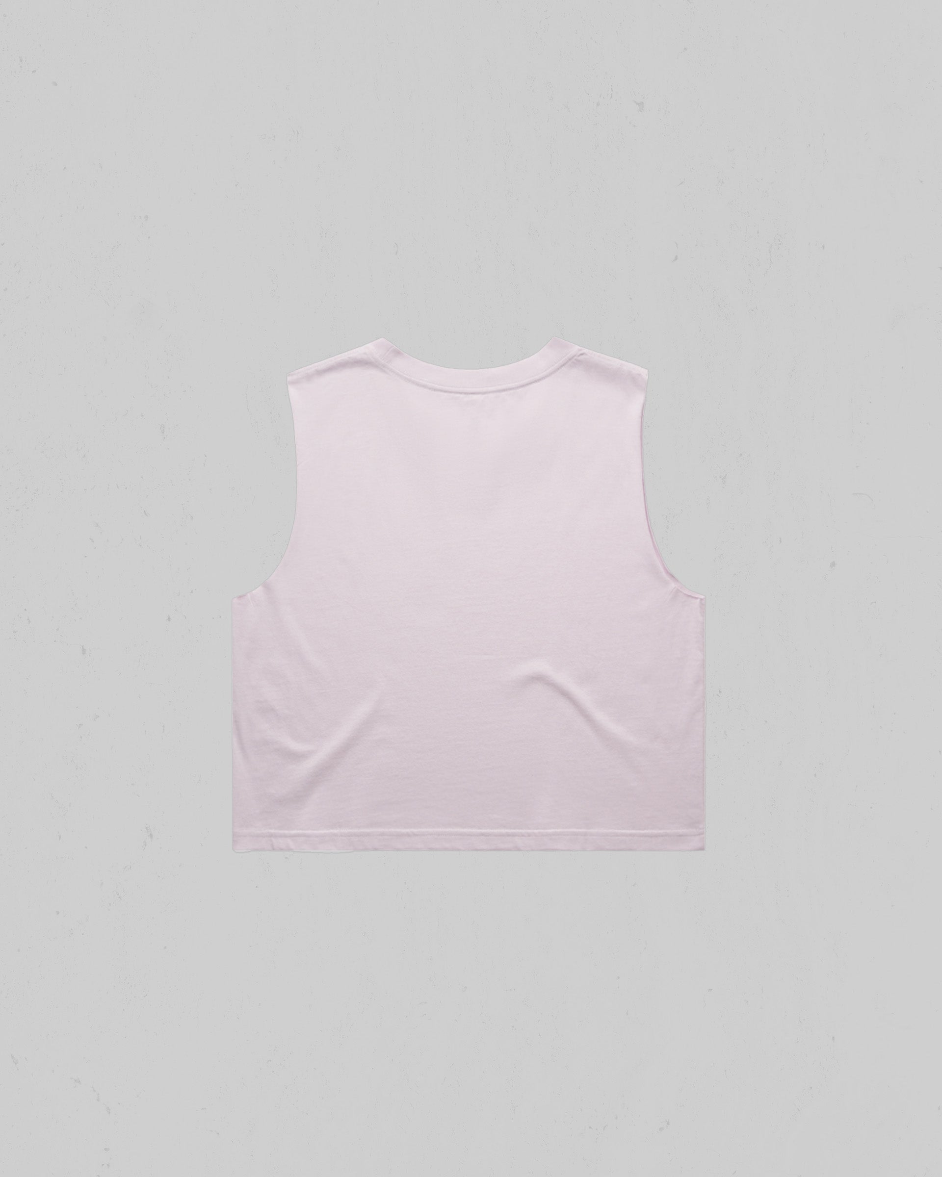A light pink sleeveless crop top shown from the back, laid flat against a neutral light gray background.