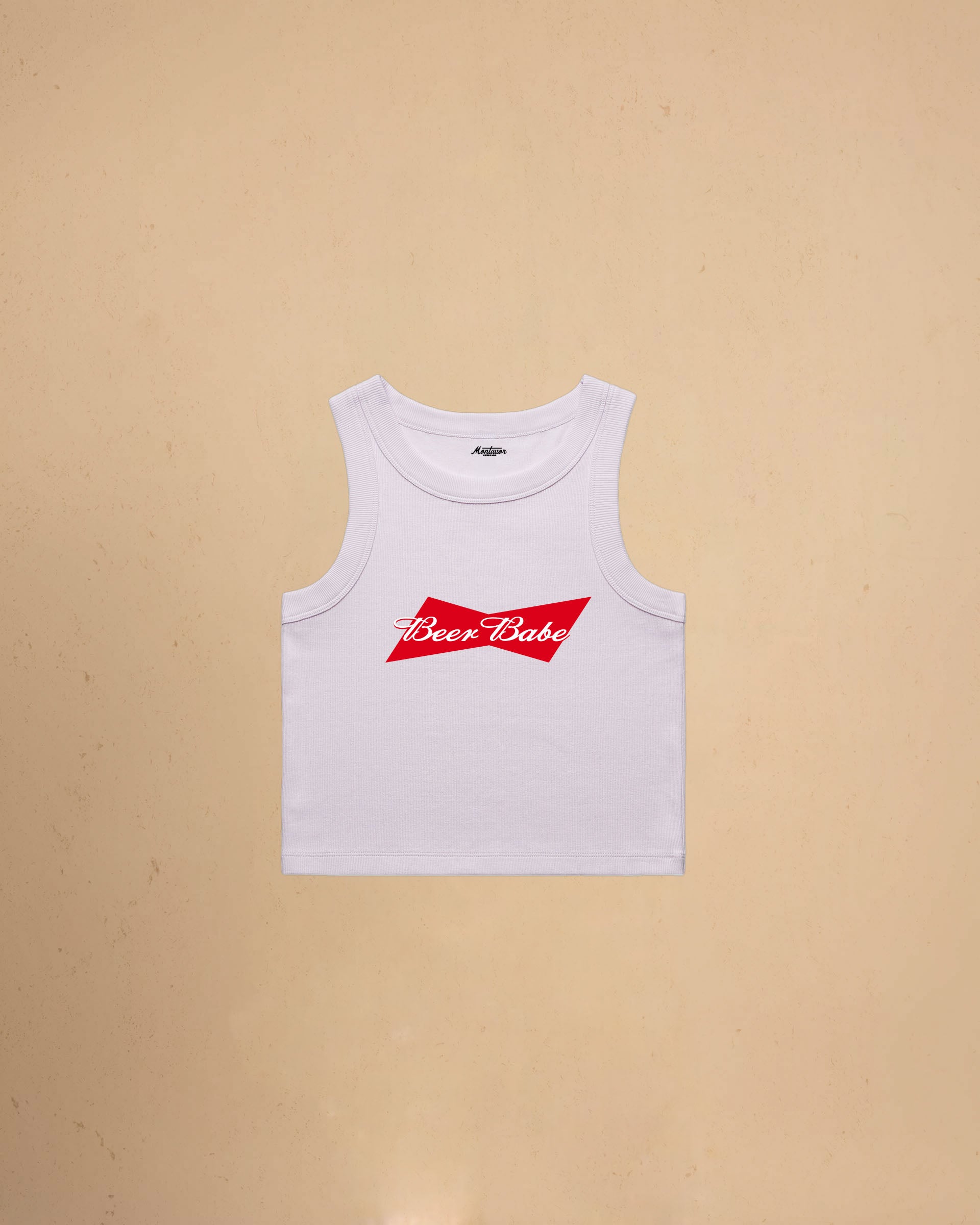 Beer Babe organic crop tank top featuring a retro-inspired beer graphic and slim fit cropped silhouette by Montavor.