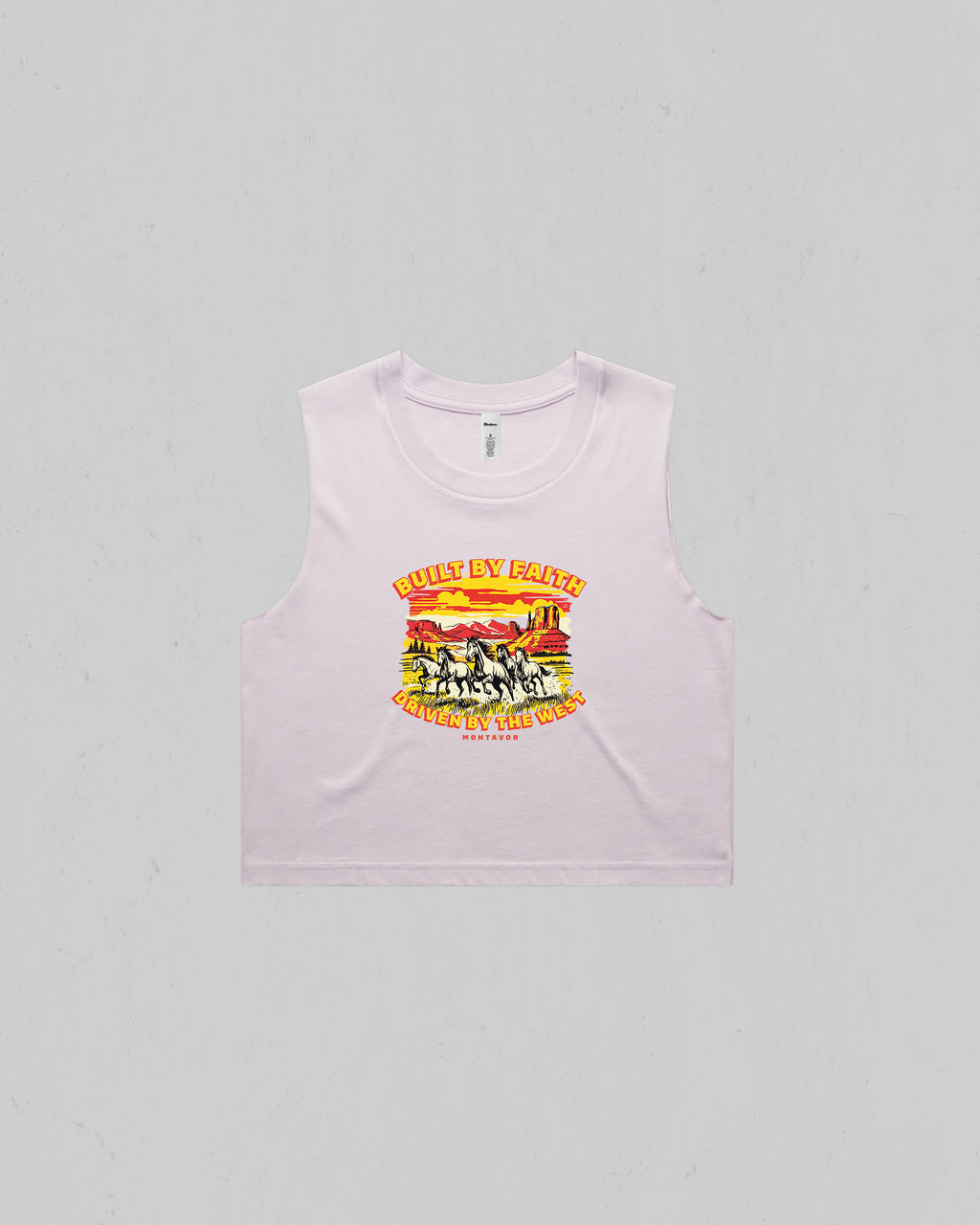 Orchid Women’s “Built By Faith, Driven By The West” crop tank top featuring a vintage western horse and desert graphic by Montavor.