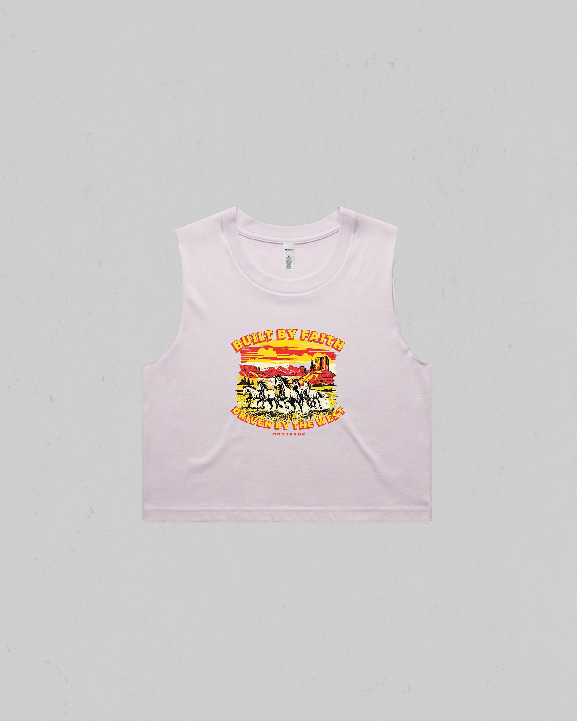 Orchid Women’s “Built By Faith, Driven By The West” crop tank top featuring a vintage western horse and desert graphic by Montavor.