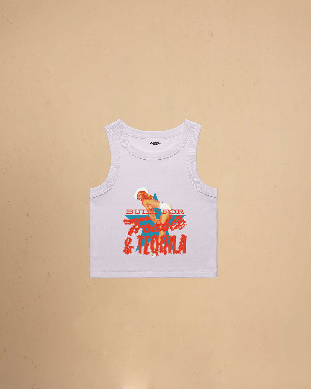 Orchid Women’s Built For Trouble cropped tank top featuring a vintage-inspired Western graphic print on a premium ribbed crop tank.