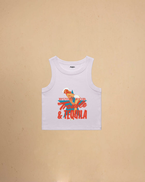 Orchid Women’s Built For Trouble cropped tank top featuring a vintage-inspired Western graphic print on a premium ribbed crop tank.