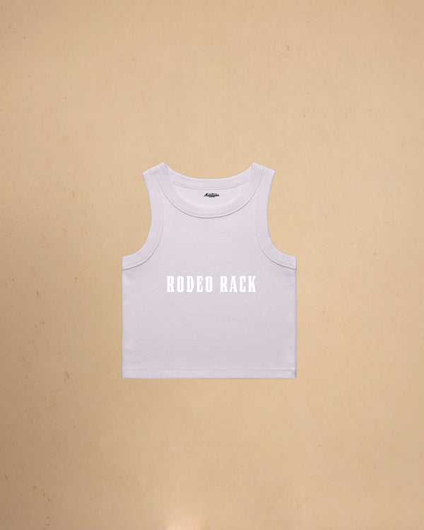 Rodeo Rack organic crop tank top by Montavor featuring bold western typography on a premium ribbed cropped tank.