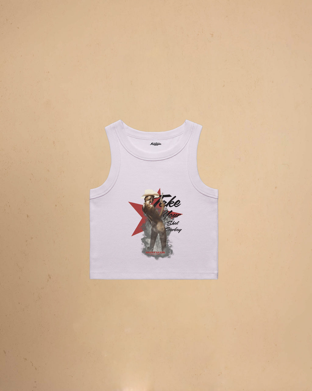 Take Your Shot Cowboy organic rib crop tank featuring a western cowgirl graphic with smoke effects and vintage western styling.