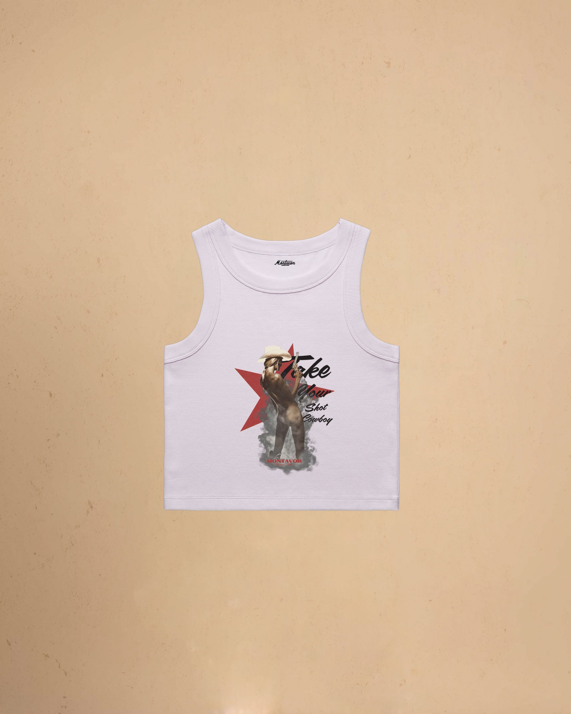 Take Your Shot Cowboy organic rib crop tank featuring a western cowgirl graphic with smoke effects and vintage western styling.