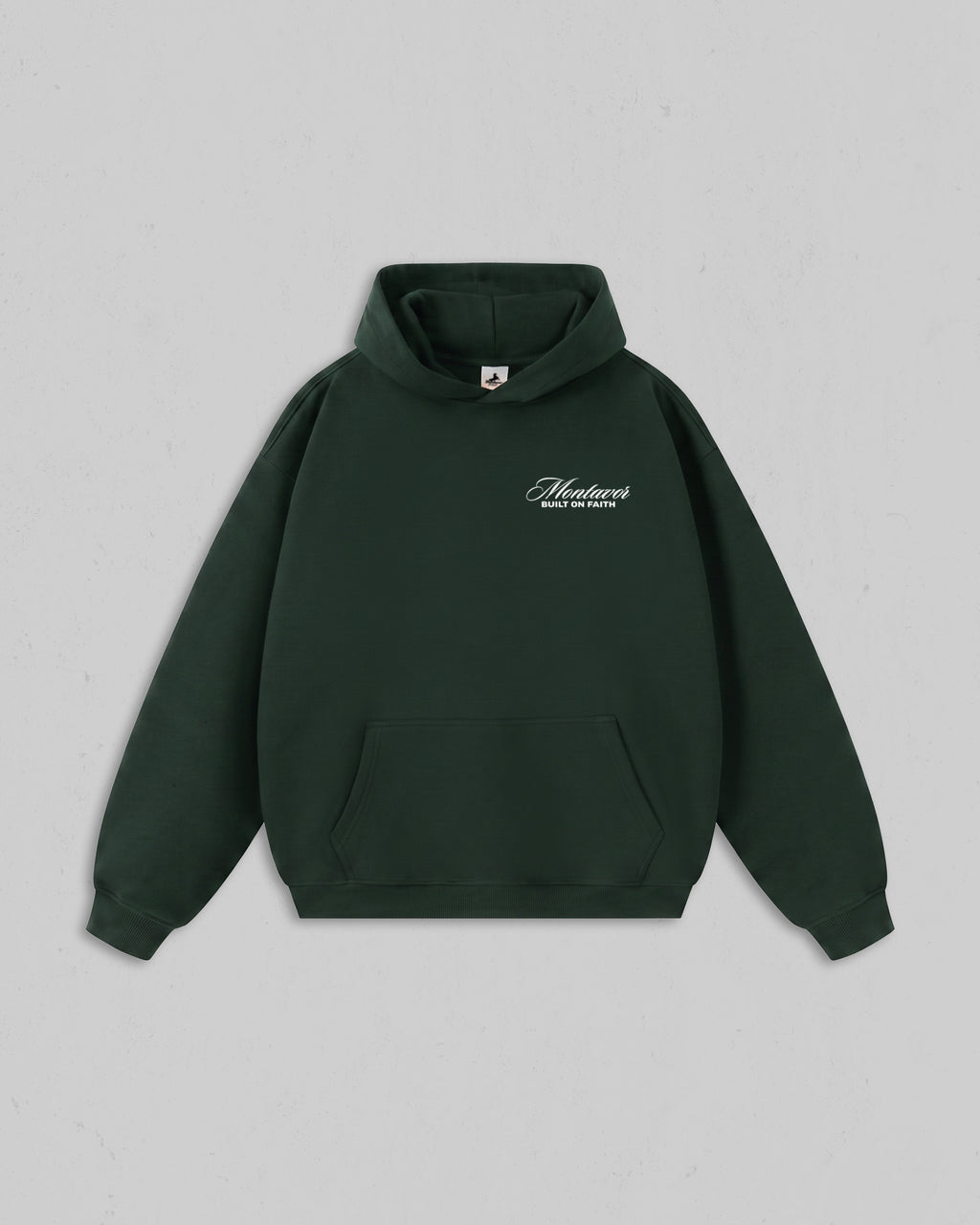 Front view of women’s green Montavor hoodie with white Built on Faith chest logo