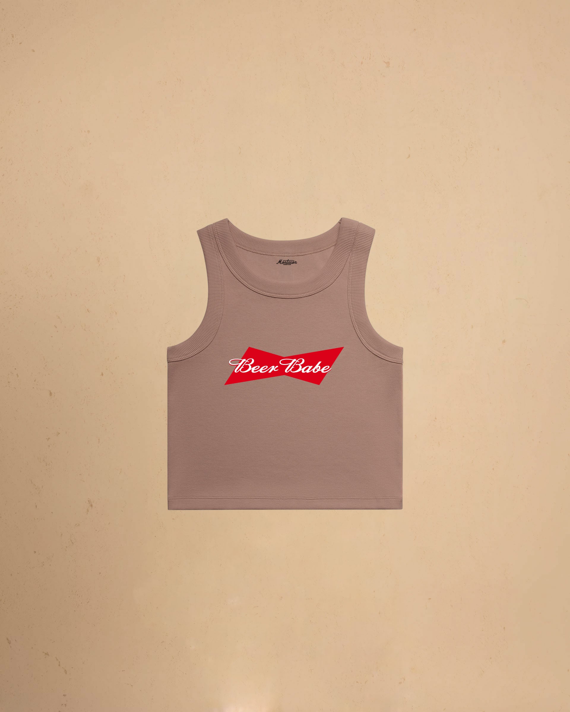 Beer Babe organic crop tank top featuring a retro-inspired beer graphic and slim fit cropped silhouette by Montavor.