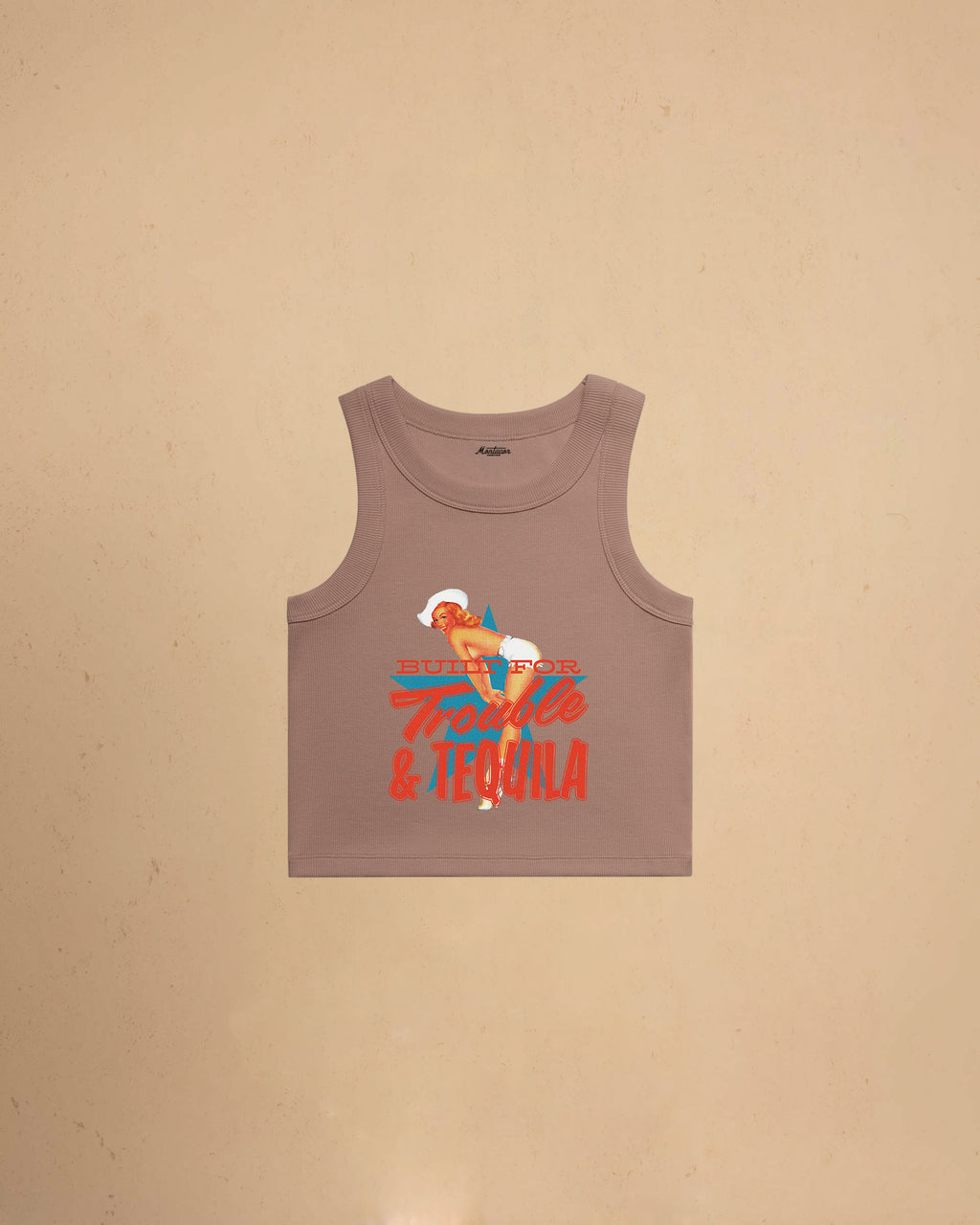 Hazy Pink Women’s Built For Trouble cropped tank top featuring a vintage-inspired Western graphic print on a premium ribbed crop tank.