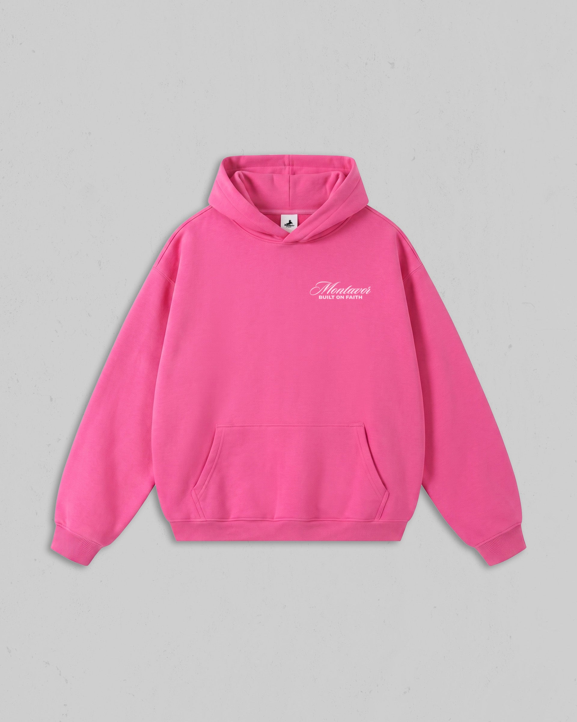 Front view of women’s Pink Christ Is King hoodie with bold white Christian 