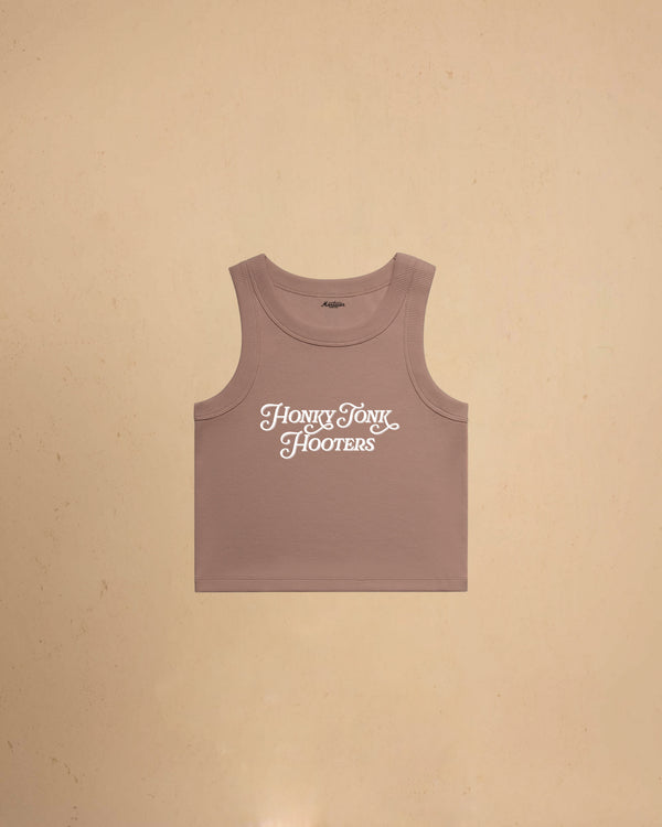 Women’s Honky Tonk Hooters organic crop tank top featuring vintage western typography, premium ribbed construction, and a flattering slim cropped fit.
