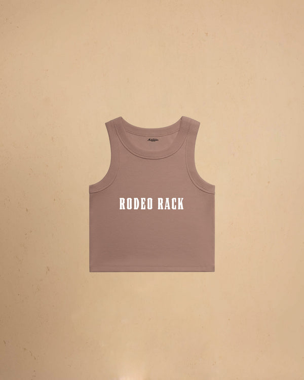 Rodeo Rack organic crop tank top by Montavor featuring bold western typography on a premium ribbed cropped tank.