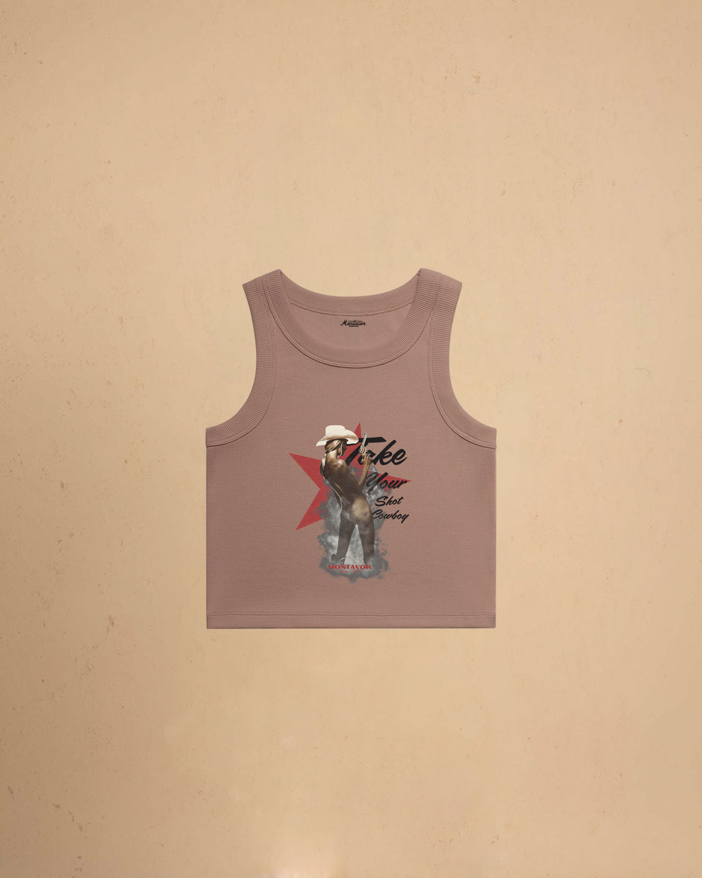 Take Your Shot Cowboy organic rib crop tank featuring a western cowgirl graphic with smoke effects and vintage western styling.