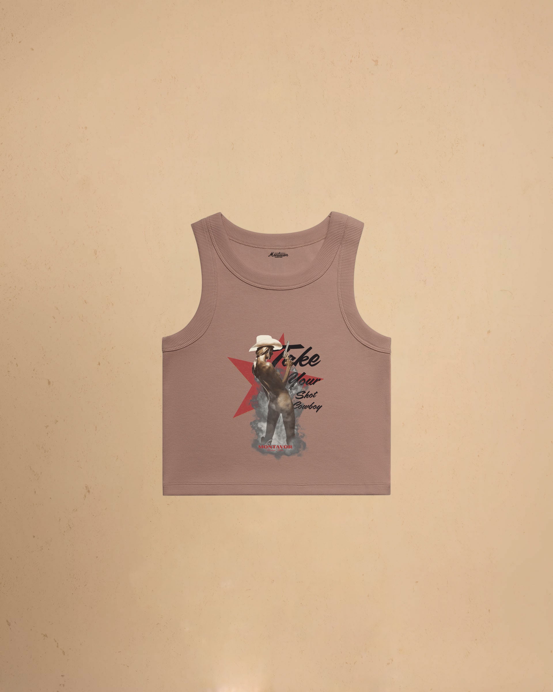 Take Your Shot Cowboy organic rib crop tank featuring a western cowgirl graphic with smoke effects and vintage western styling.