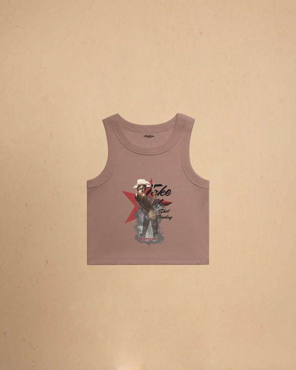 Take Your Shot Cowboy organic rib crop tank featuring a western cowgirl graphic with smoke effects and vintage western styling.