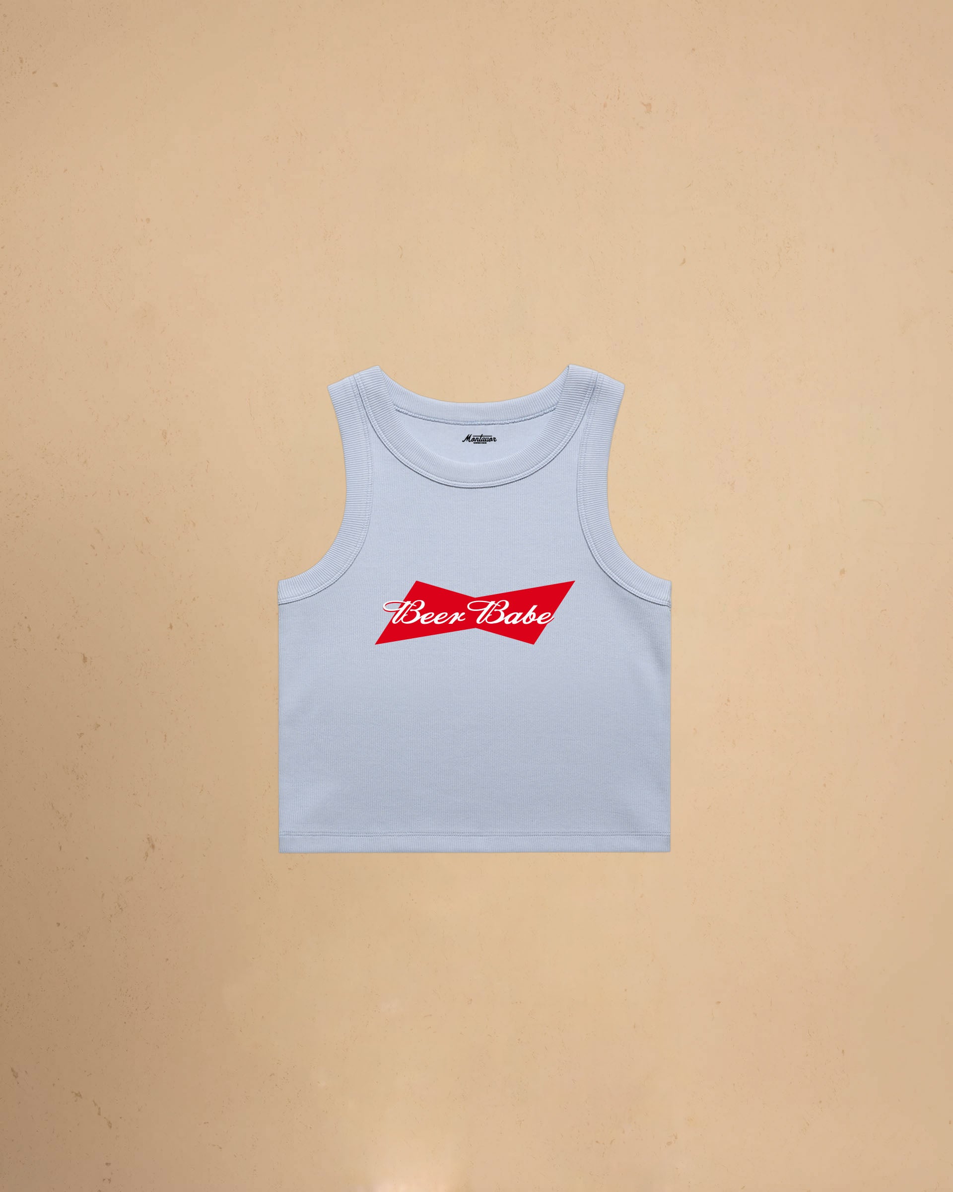 Beer Babe organic crop tank top featuring a retro-inspired beer graphic and slim fit cropped silhouette by Montavor.
