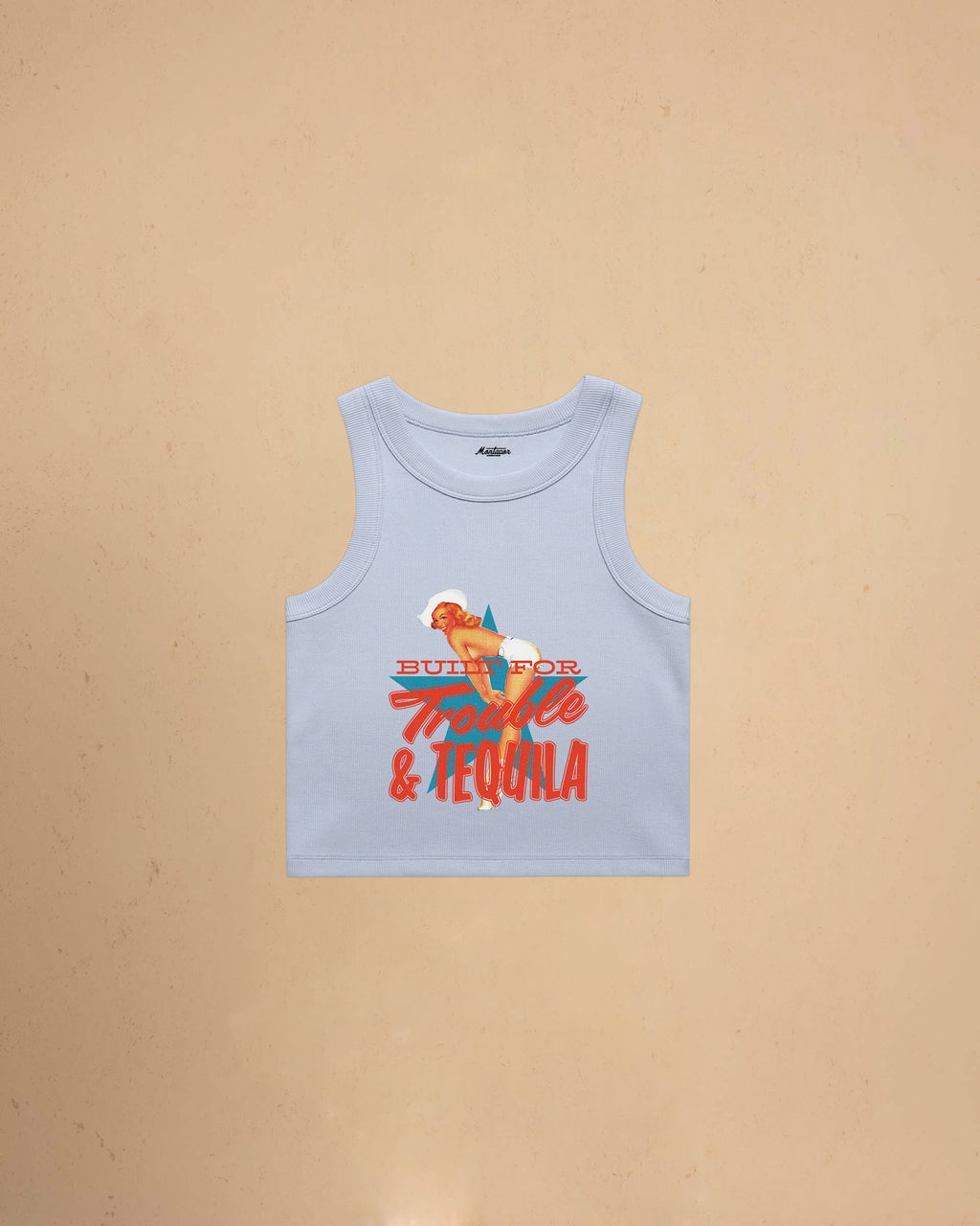 Powder Blue Women’s Built For Trouble cropped tank top featuring a vintage-inspired Western graphic print on a premium ribbed crop tank.