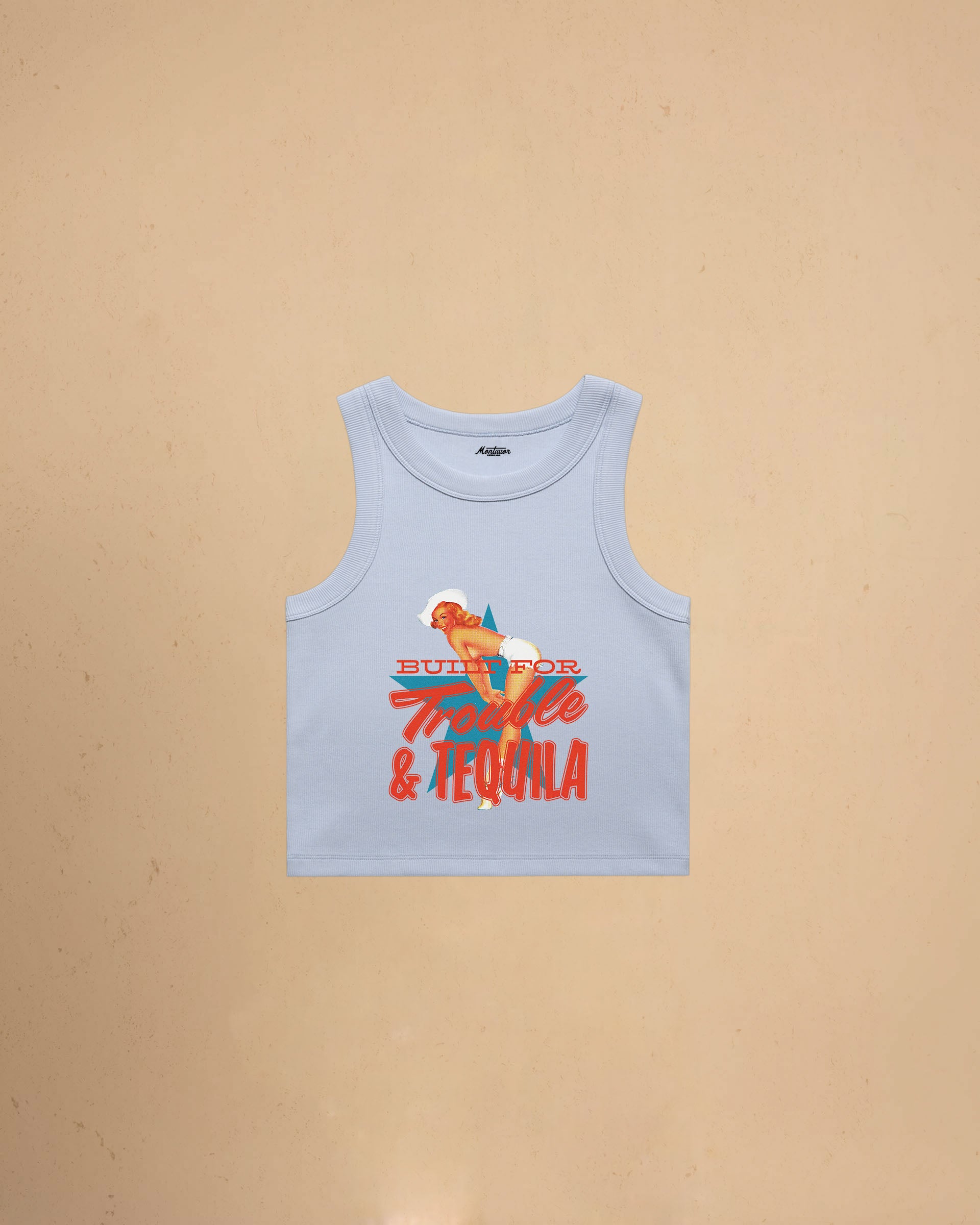 Powder Blue Women’s Built For Trouble cropped tank top featuring a vintage-inspired Western graphic print on a premium ribbed crop tank.