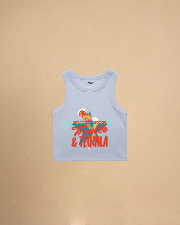 Powder Blue Women’s Built For Trouble cropped tank top featuring a vintage-inspired Western graphic print on a premium ribbed crop tank.