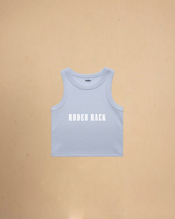 Rodeo Rack organic crop tank top by Montavor featuring bold western typography on a premium ribbed cropped tank.
