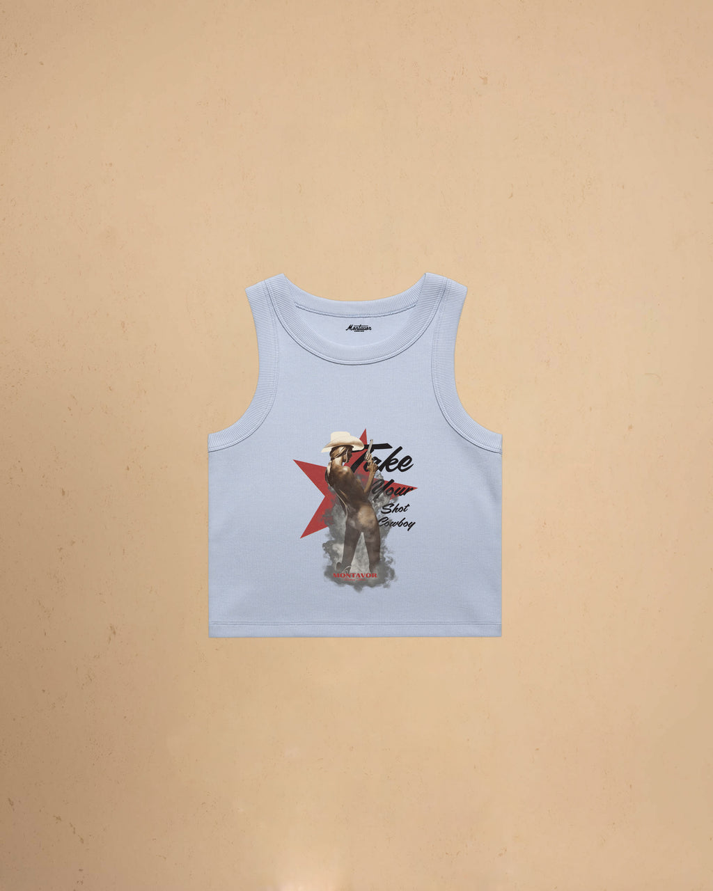 Take Your Shot Cowboy organic rib crop tank featuring a western cowgirl graphic with smoke effects and vintage western styling.