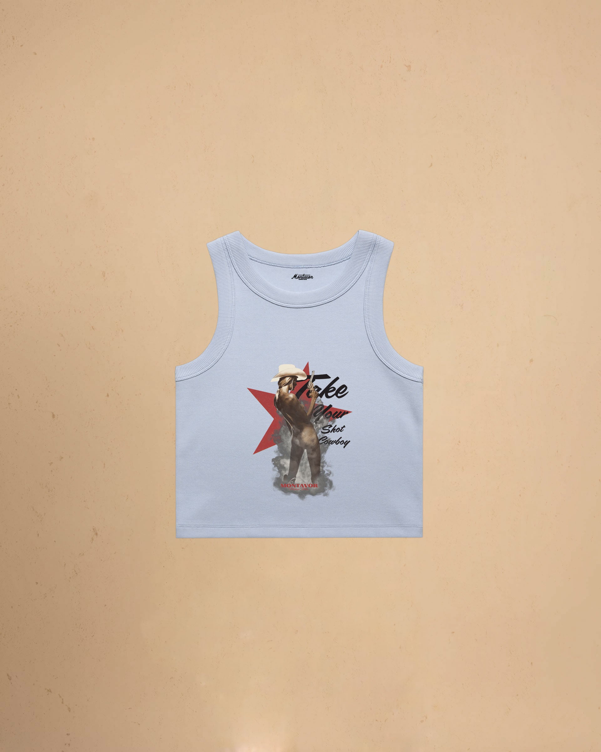 Take Your Shot Cowboy organic rib crop tank featuring a western cowgirl graphic with smoke effects and vintage western styling.