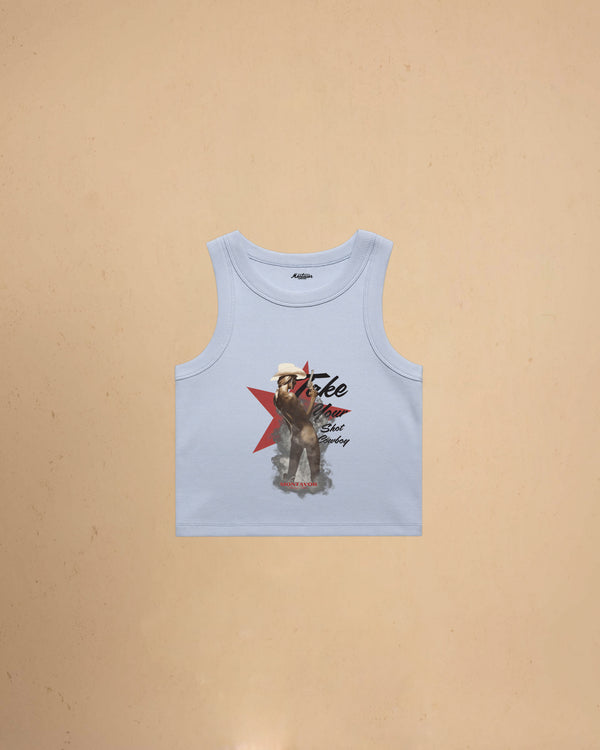 Take Your Shot Cowboy organic rib crop tank featuring a western cowgirl graphic with smoke effects and vintage western styling.
