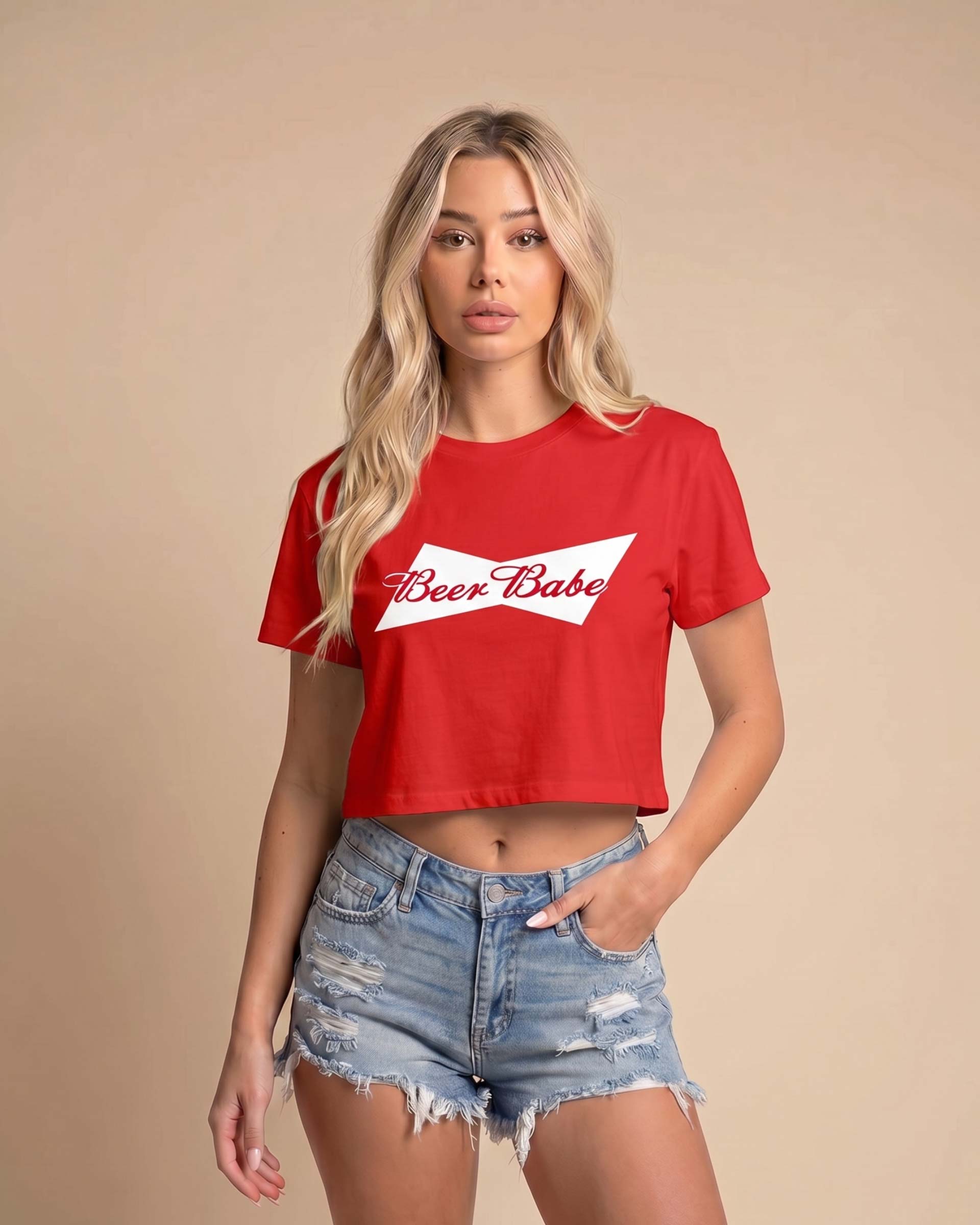 Women’s Beer Babe crop t-shirt featuring a bold beer-inspired graphic design on a relaxed-fit cropped cotton tee. Main image