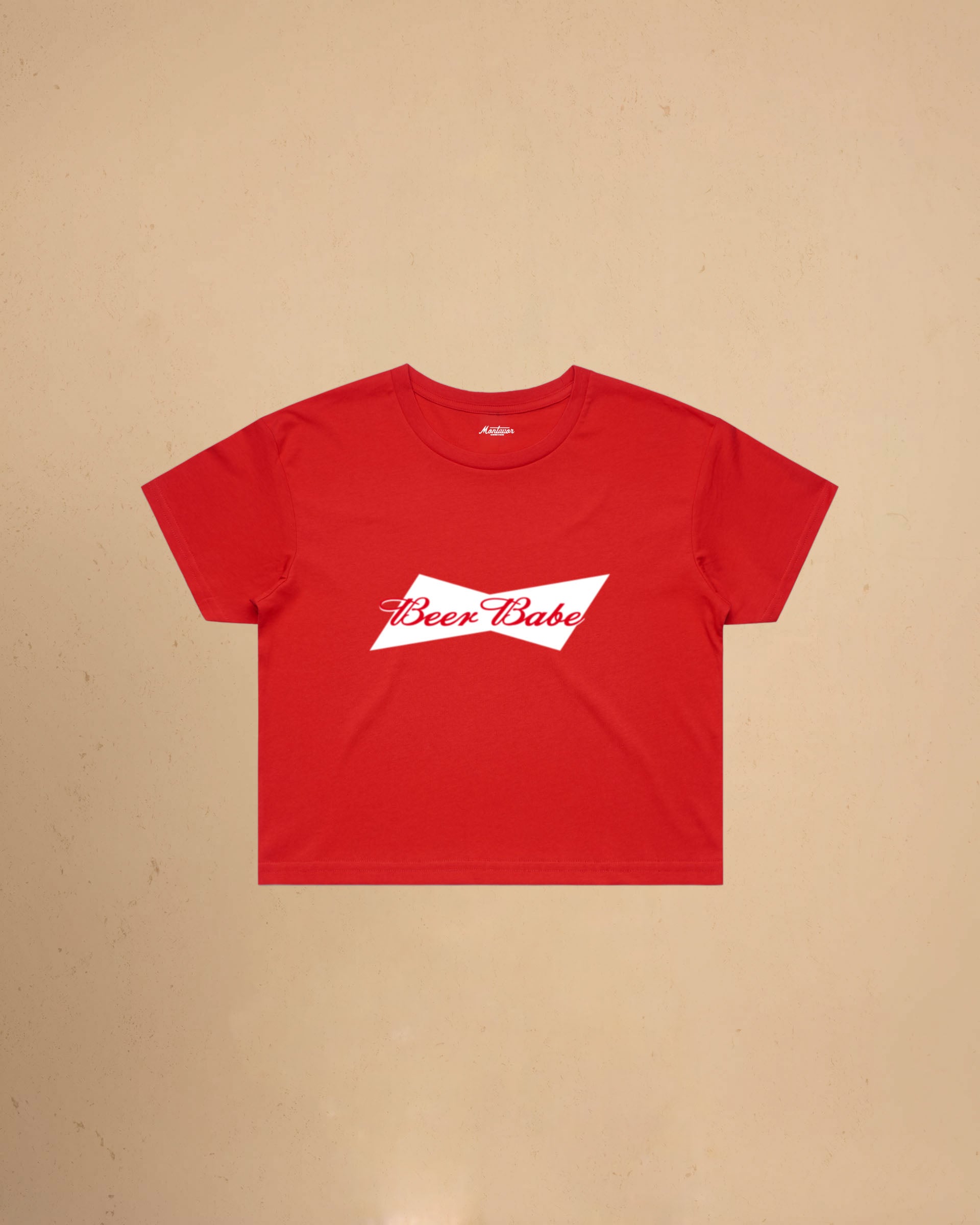 Women’s Beer Babe crop t-shirt featuring a bold beer-inspired graphic design on a relaxed-fit cropped cotton tee.
