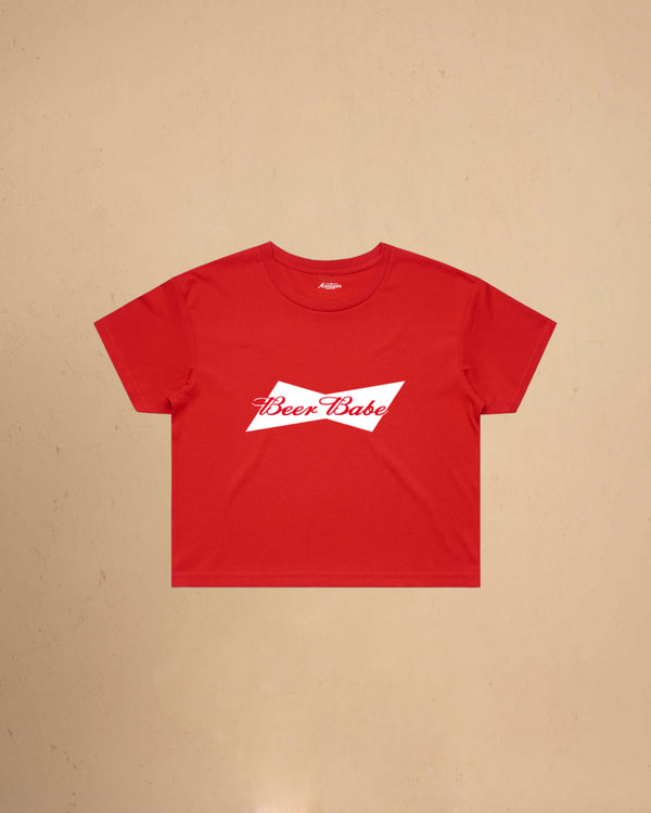 Women’s Beer Babe crop t-shirt featuring a bold beer-inspired graphic design on a relaxed-fit cropped cotton tee.