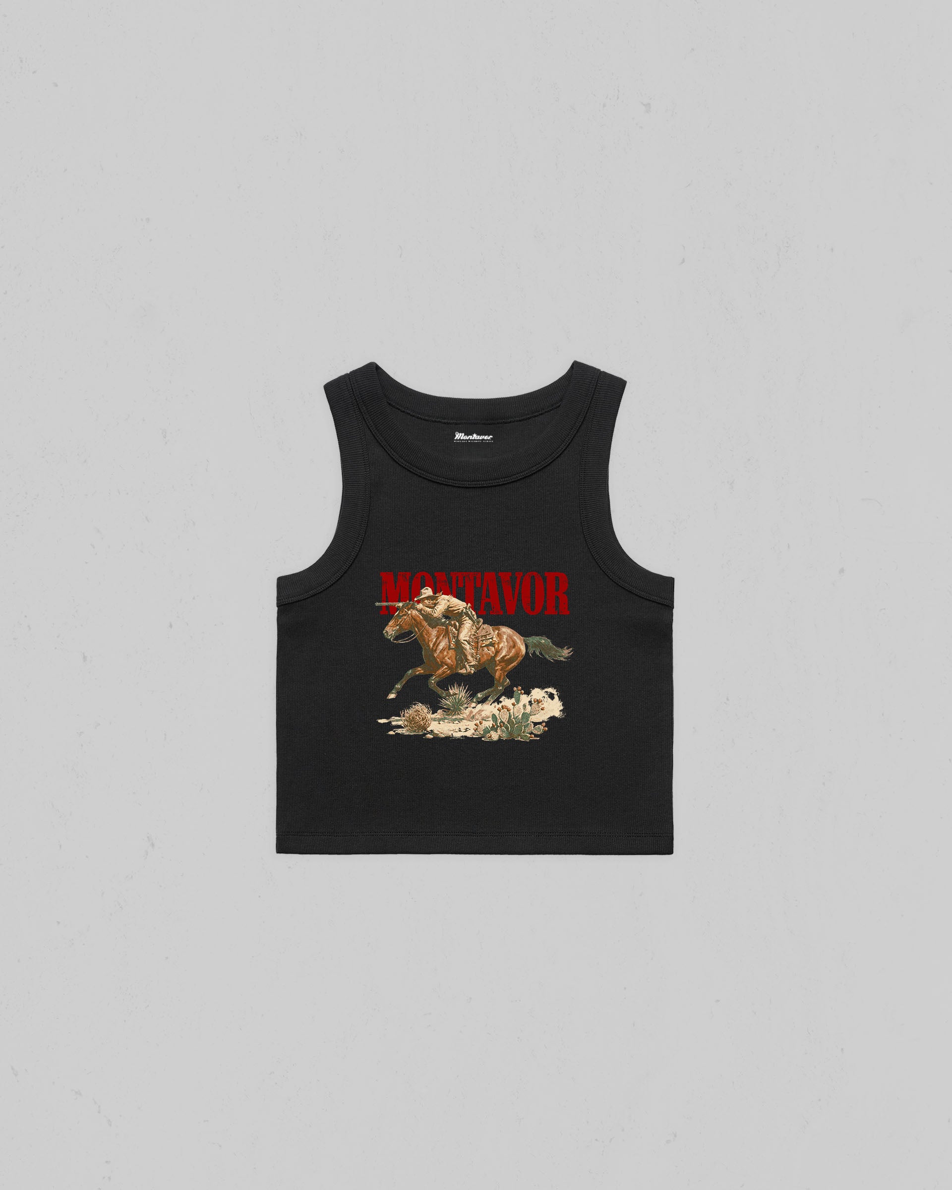 Black Montavor Western Rider organic crop tank top with vintage cowboy and galloping horse graphic