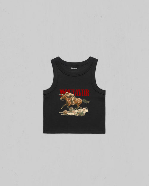Black Montavor Western Rider organic crop tank top with vintage cowboy and galloping horse graphic