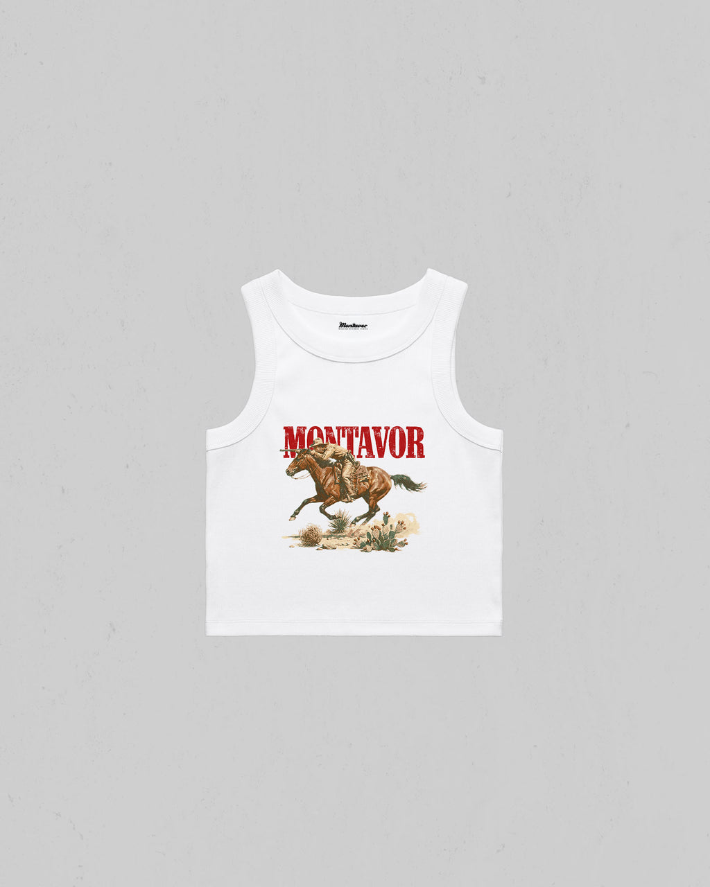 White Montavor Western Rider organic crop tank top with vintage cowboy and galloping horse graphic